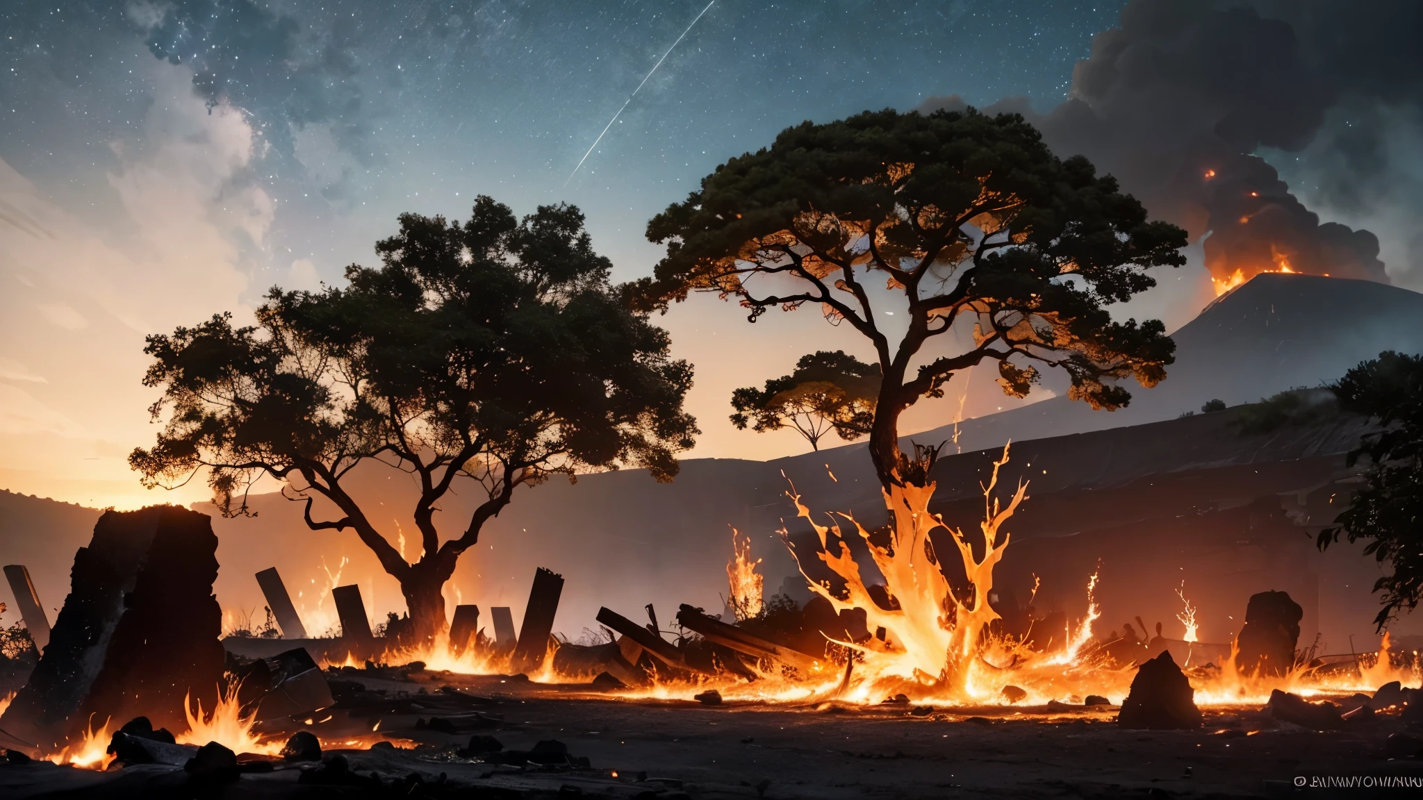 Cinematic lighting, (depth of field) , Ultra HD, (trunk), (realistic background), stony ground with many dry branches sticking out of the ground, hot lava coming out of the ground (volcano lava everywhere), dry and burnt vegetation, building in the background similar to the temple of Aphrodite in ruins, rocks everywhere, buildings in ruins, war scene from the apocalypse, night sky with orange clouds reflecting the fire on the ground.