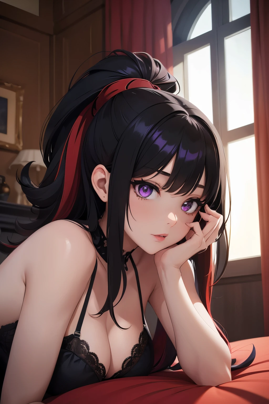 a woman wearing lingerie, laying on a bed, seductive anime girl, beautiful goth anime girl, detailed digital anime art, black and red hair, goth anime girl with black hair, black hair with red highlights, dark red highlights in hair, beautiful anime girl, beautiful alluring anime woman, masterpiece, detailed hands, medium length hair with red highlights, hair tied up, detailed face, thigh focus, symmetrical eyes, detailed eyes, prominent pupil, 8k eyes, purple eyes, holding up middle finger