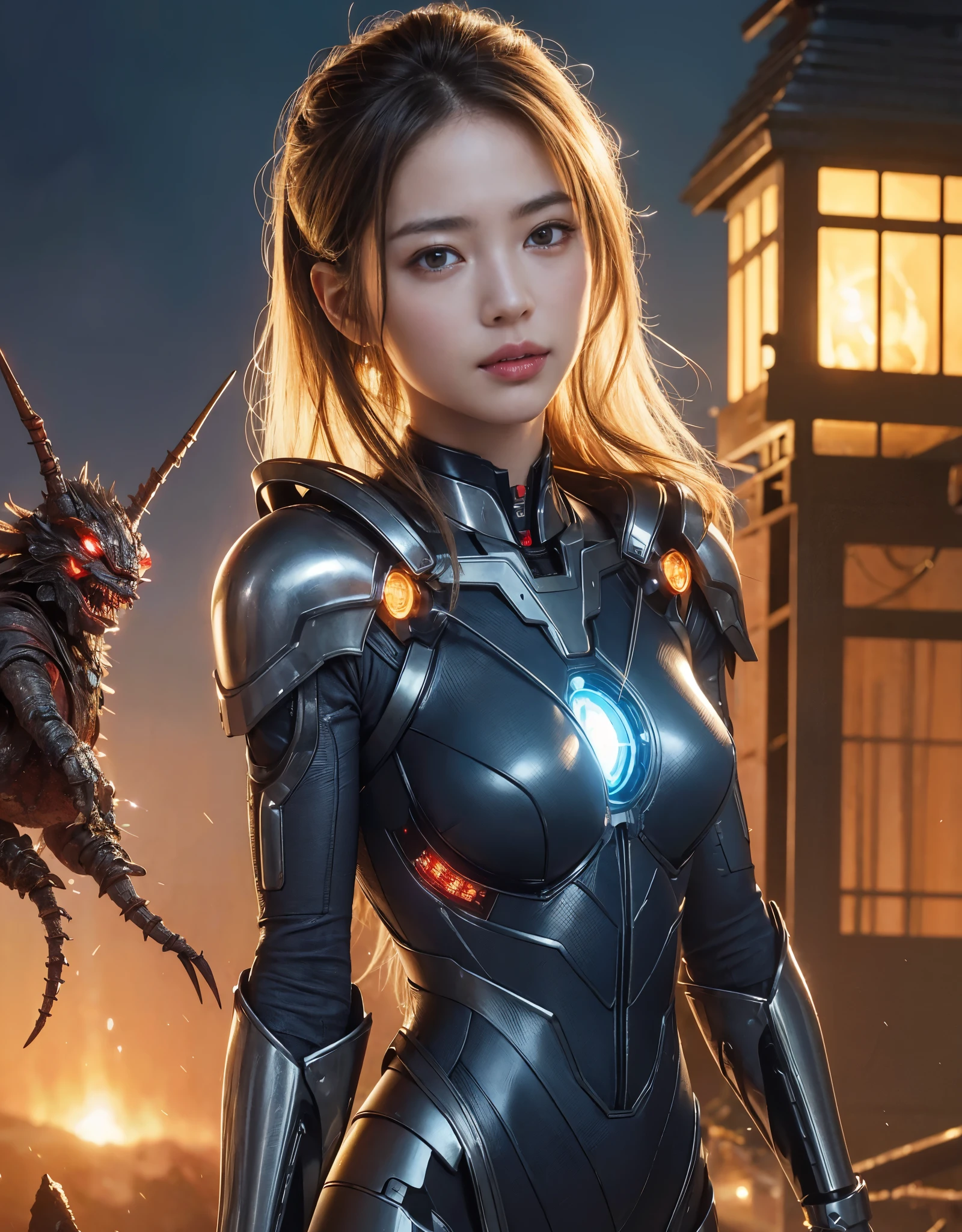 ((battle with monsters))、highest quality、masterpiece、Super high resolution、(Photoreal:1.4)、RAW photo、1 girl、golden hair、glowing skin、(((1 Mechanical Girl)))、with a beautiful knife、(Blue Metal Bodysuit)、(beautiful forest background)、(battle with monsters)、(Small LED)、((Super realistic details))、vertical giant monster background),global illumination、Shadow、octane rendering、8K、super sharp、big breasts、The bare skin of the cleavage is exposed、Metal、intricate decorative details、Japan details、very intricate details、realistic light、CG Society Trends、red eyes、Eyes shining towards the camera、neon details、(Mechanical edge blood vessels connected to tubes)、mechanical vertebrae attached to the back、cervical vertebrae mechanically attached to the neck、(Wires and cables connecting to the head)、gundam、Small LED、,mechanical thighs、two stock、(Hands are also made of machines)、(Attack of the monsters)、(injured in a deadly fight)、