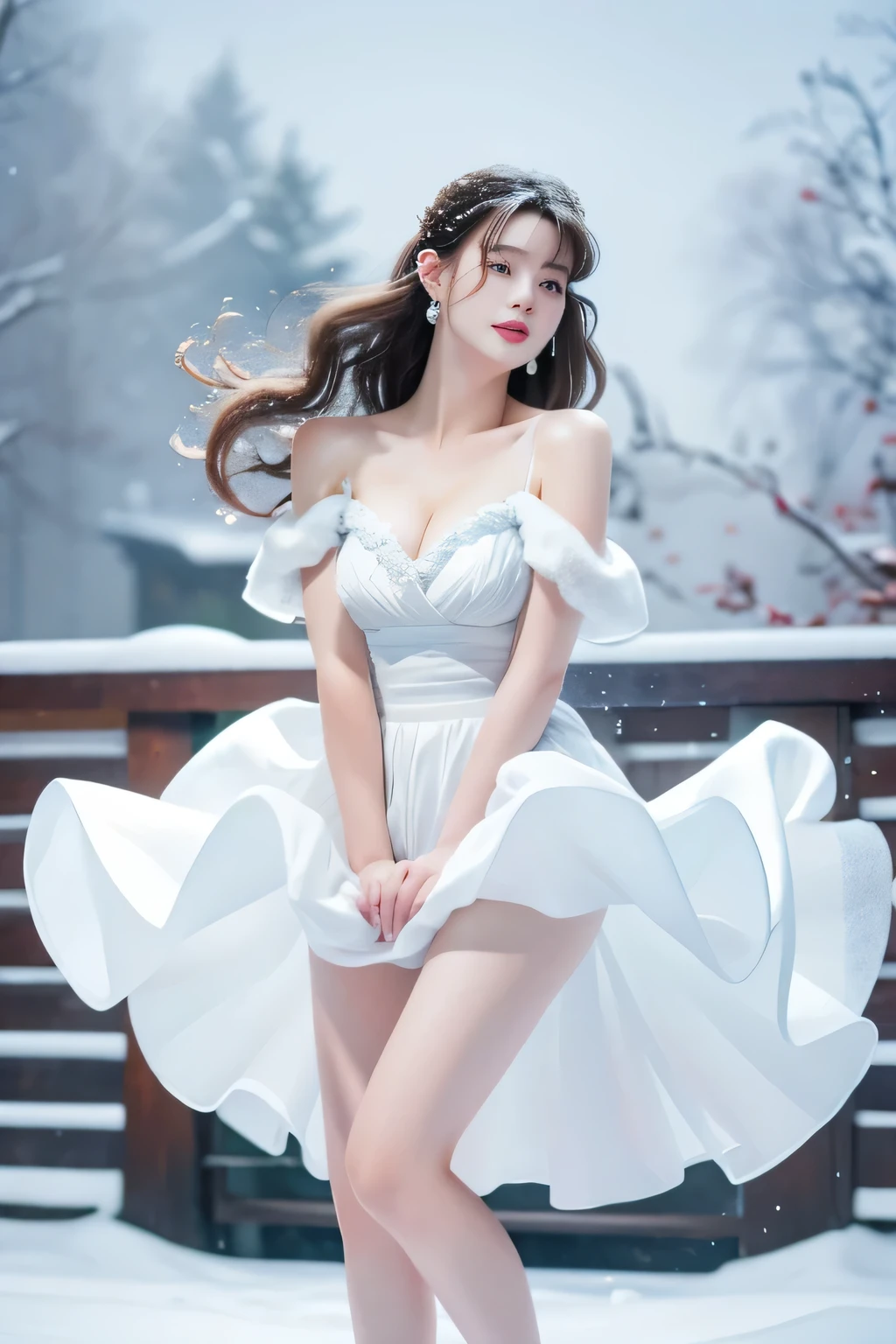 masterpiece、qualthaty、Super detailed、marilyn tag，Pay attention to more than just the thighs，pretty face，（Best qualthaty at best）， beautiful girl：1.5、red fluffy off shoulder dress sig style，long hair fluttering，Snowflake earrings、that&#39;It&#39;s snowing、blurry、Snow World