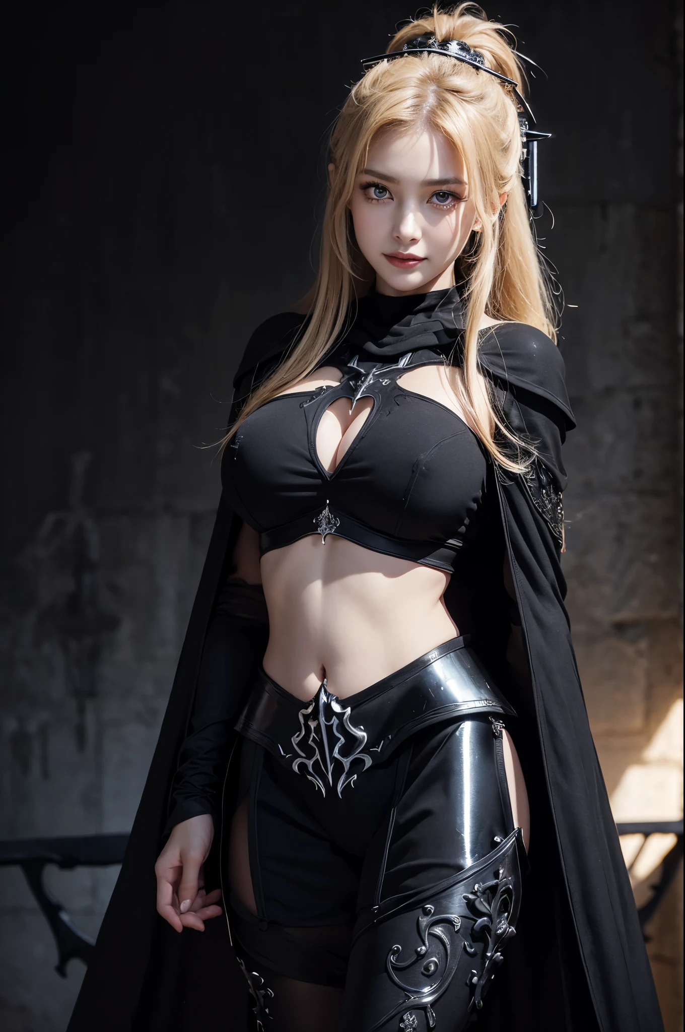 K, masterpiece, Raw photo, Best Quality, Photorealistic, Highly detailed CG Unity 8k wallpaper, depth of fields, Cinematic Light, Lens Flare, Ray tracing, (Extremely beautiful face, Beautiful lips, Beautiful eyes), intricate detail face, ((Ultra detailed skin)) 1girl in, In the Dark, deep shadow, charming Russian model Nata Lee, ((Looking at Viewer)), light blonde hair, (Ponytail), Beautiful and sexy young witch, (seducing smile), (Blurry background), (large boob:1.5), earrings, Bracelets, Necklace, Clear eyes, Castle rooms, holding a sword, Front shot, (pale skin), Face forward, (Big eyes), ((upper body shot)), (Camel toe, shape), ((Gorgeous (black metal armor) with a black cape design:1.5)), (Navel Ejection:1.5), ((seducing smile)), ((Camel toe)).