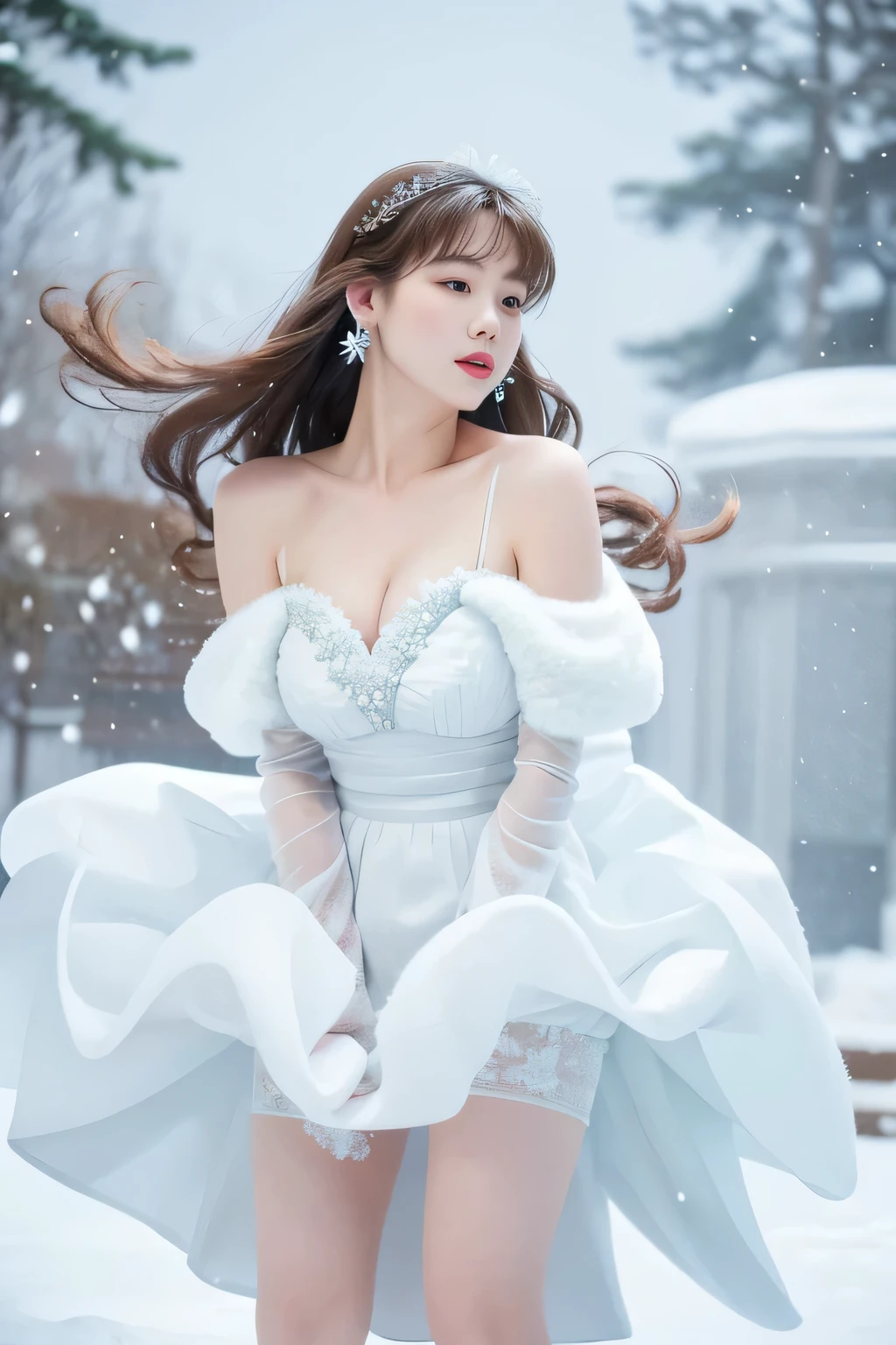 masterpiece、qualthaty、Super detailed、marilyn tag,Pay attention to more than just the thighs,pretty face,(Best qualthaty at best), beautiful girl:1.5、red fluffy off shoulder dress sig style,long hair fluttering,Snowflake earrings、that'It's snowing、blurry、Snow World