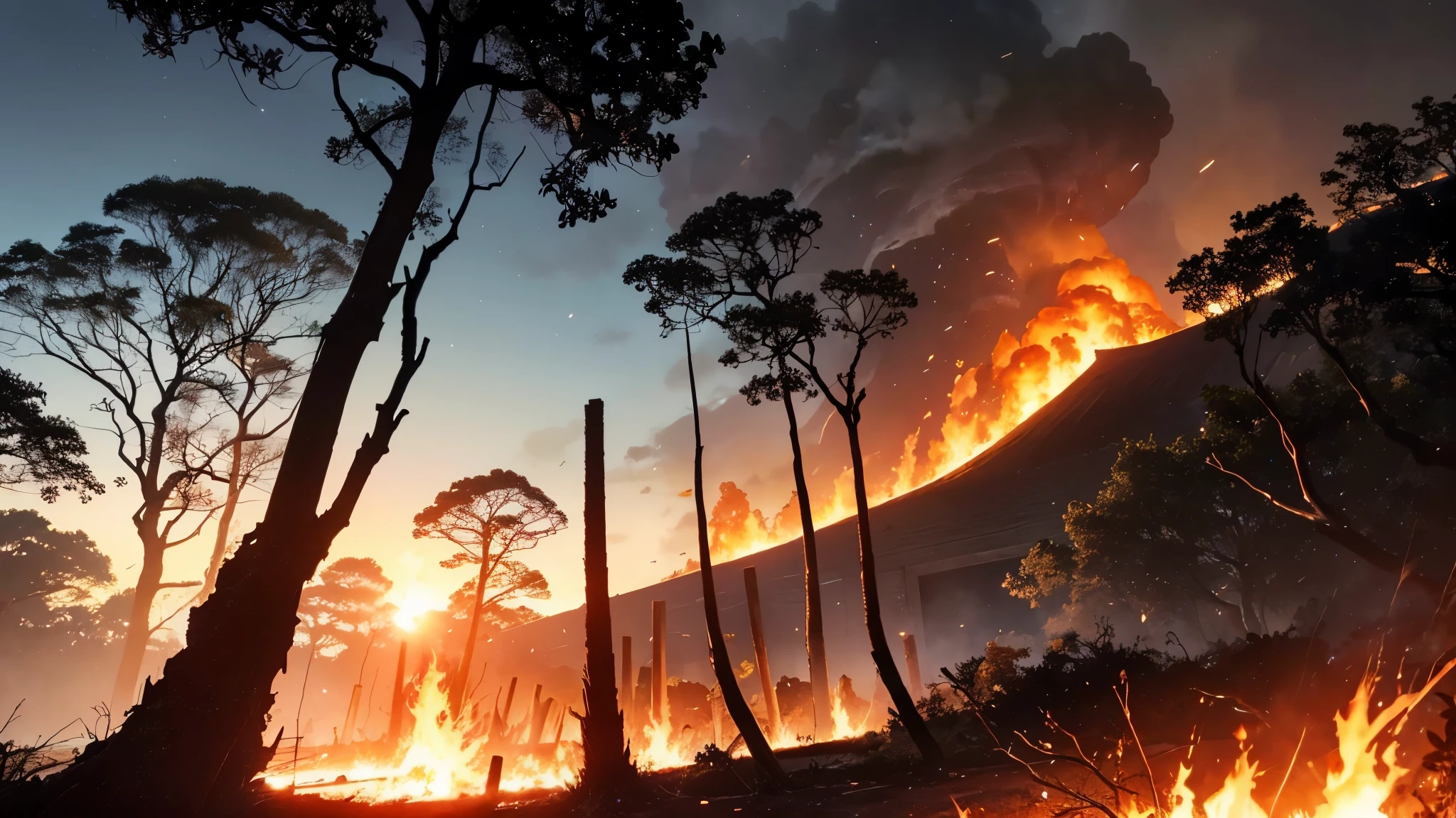 Cinematic lighting, (depth of field) , Ultra HD, (trunk), (realistic background), stony ground with many dry branches sticking out of the ground, hot lava coming out of the ground (volcano lava everywhere), dry and burnt vegetation, building in the background similar to the temple of Aphrodite in ruins, rocks everywhere, buildings in ruins, war scene from the apocalypse, night sky with orange clouds reflecting the fire on the ground.