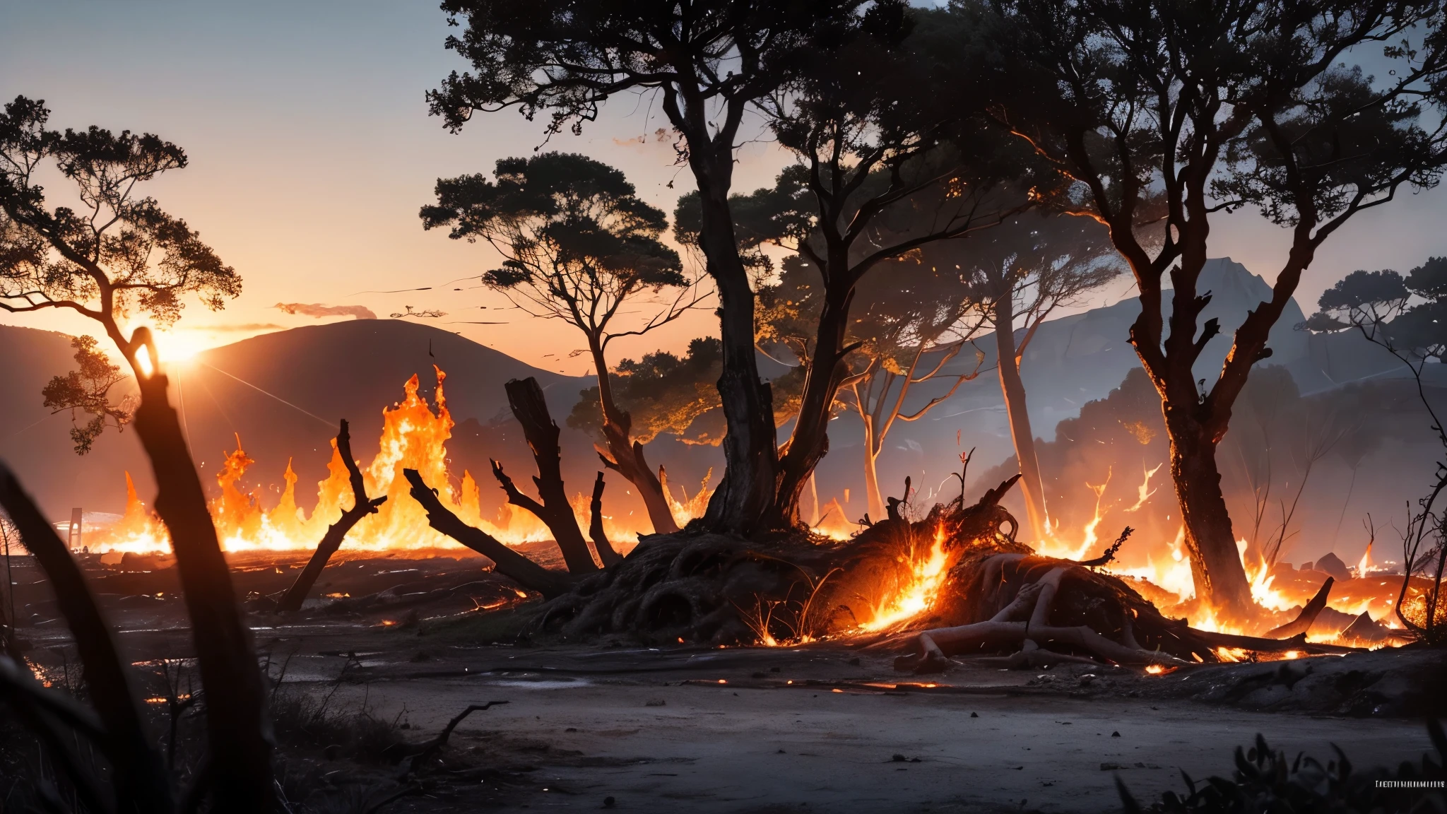 Cinematic lighting, (depth of field) , Ultra HD, (trunk), (realistic background), stony ground with many dry branches sticking out of the ground, hot lava coming out of the ground (volcano lava everywhere), dry and burnt vegetation, building in the background similar to the temple of Aphrodite in ruins, rocks everywhere, buildings in ruins, war scene from the apocalypse, night sky with orange clouds reflecting the fire on the ground.
