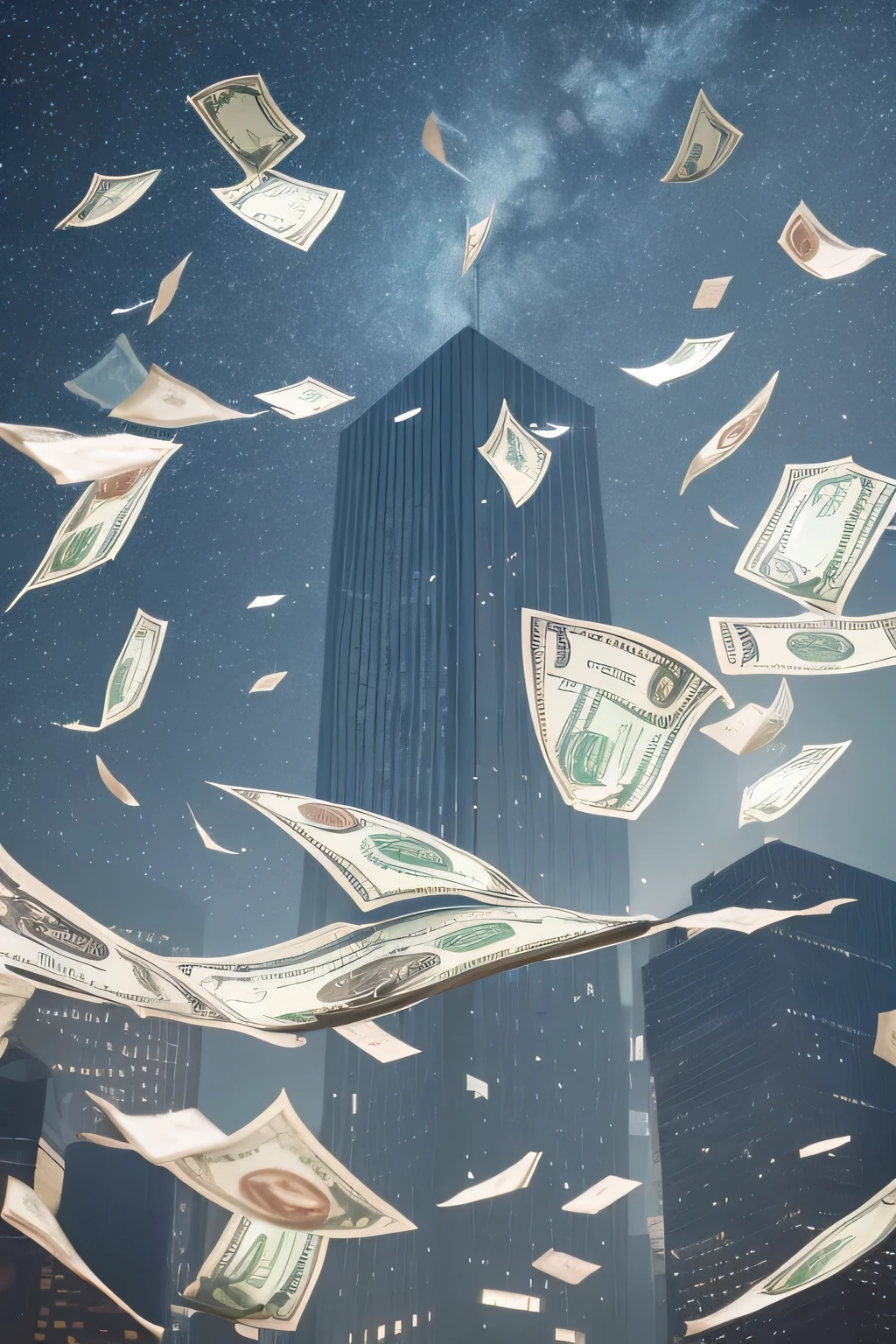 Money falls from the sky, flying banknotes, dollar rain, expensive visual effects,surrounded by lots of air,No one