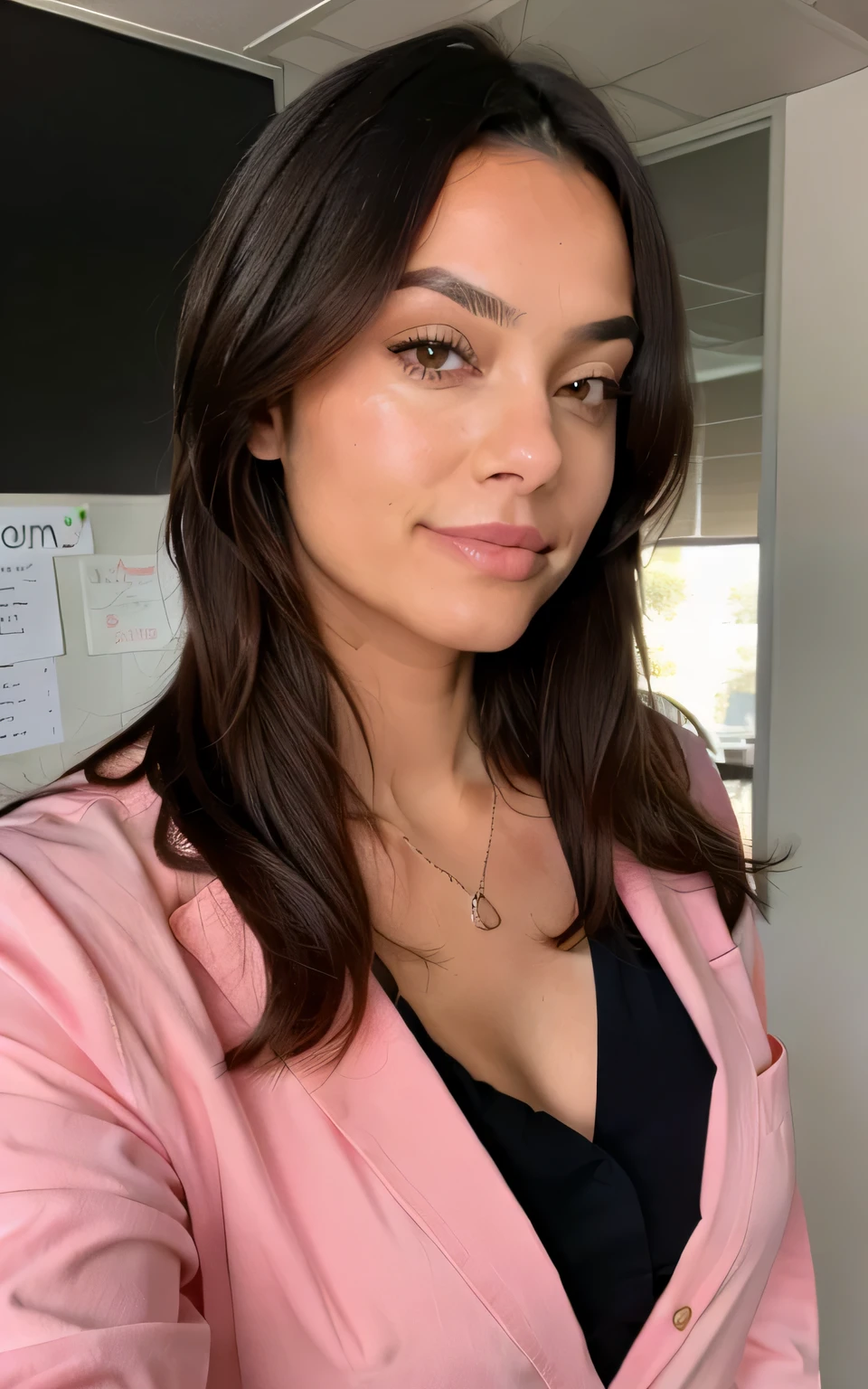 mulher 30 anos, morena, com mechas loiras, alto detalhe, com um blazer rosa, camiseta branca, with a blurred office background.