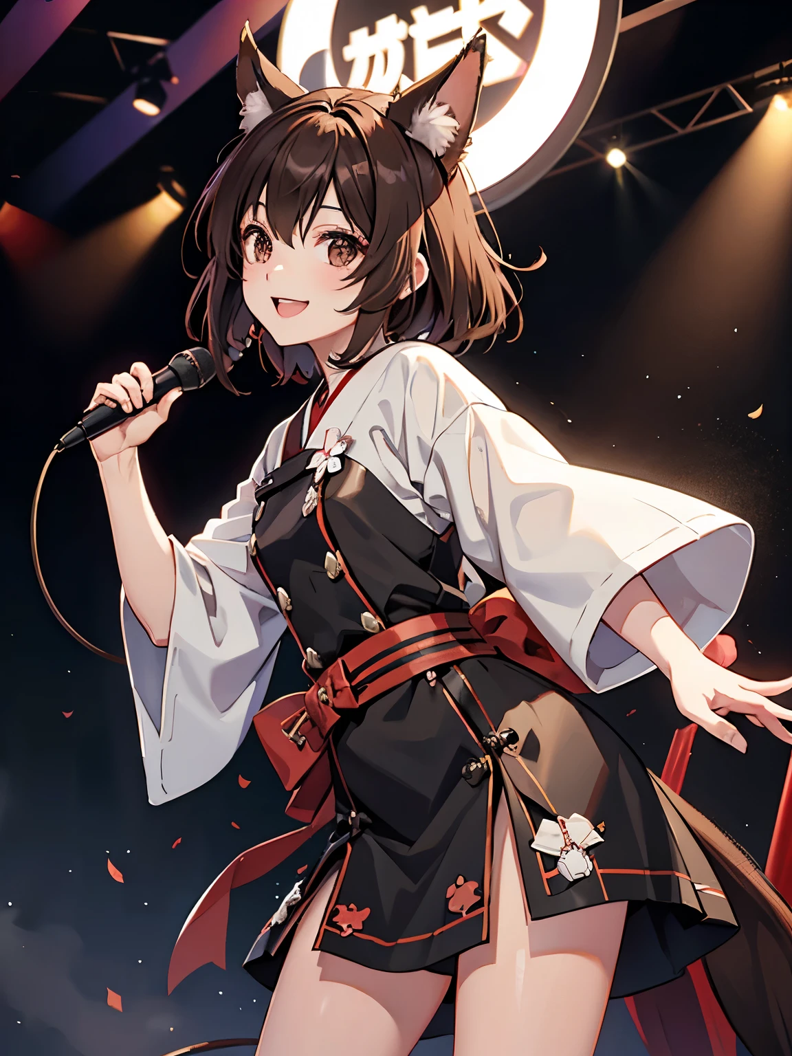 inugami korone, brown hair, dog ears、black eyes、concert、stand microphone、sing、live stage, lively smile