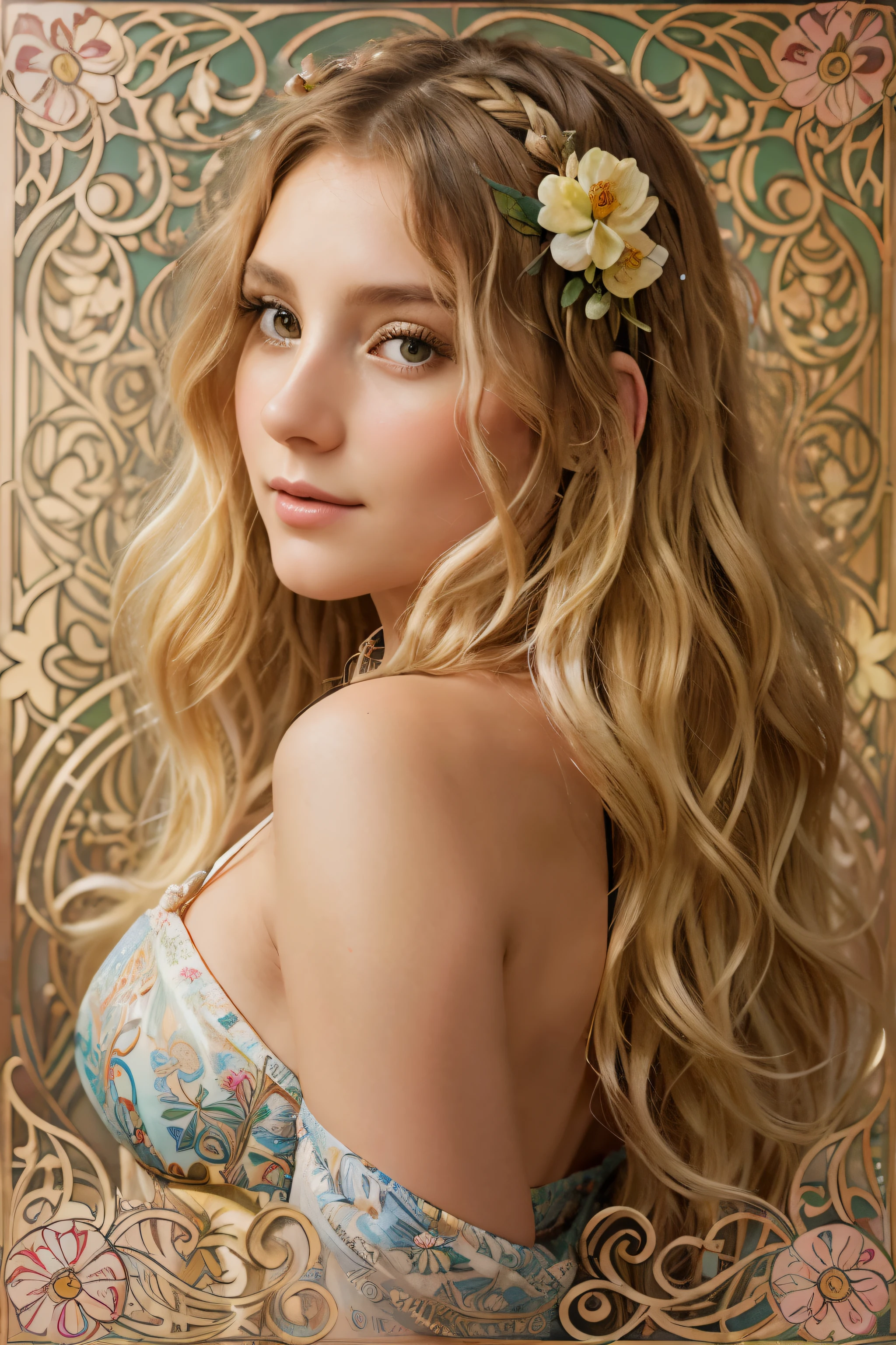 Reimagine a European woman with flowing blonde curls, encircled by floral motifs and decorative panels in an abstract and artistic manner, reminiscent of Alphonse Mucha's style. Emphasize the high-quality and detailed 8K resolution, with vibrant color splashes and intricate line art inspired by the Fibonacci sequence.