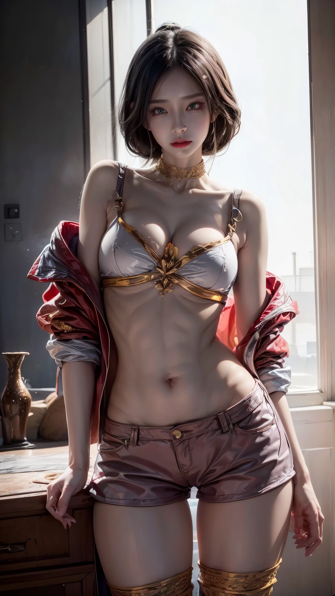 realistic, 1 women, best quality, 12k, HD, long hair, big round breasts, cleavage, ponytail, necklace, jewelry, shorts, short jacket, slim hips, hair tie, yellow eyes, black hair, super detailed, Eye details, hair details, person details, mouth details, face details, breast details, clothes details, hair details, pants details, hand details, whole body
