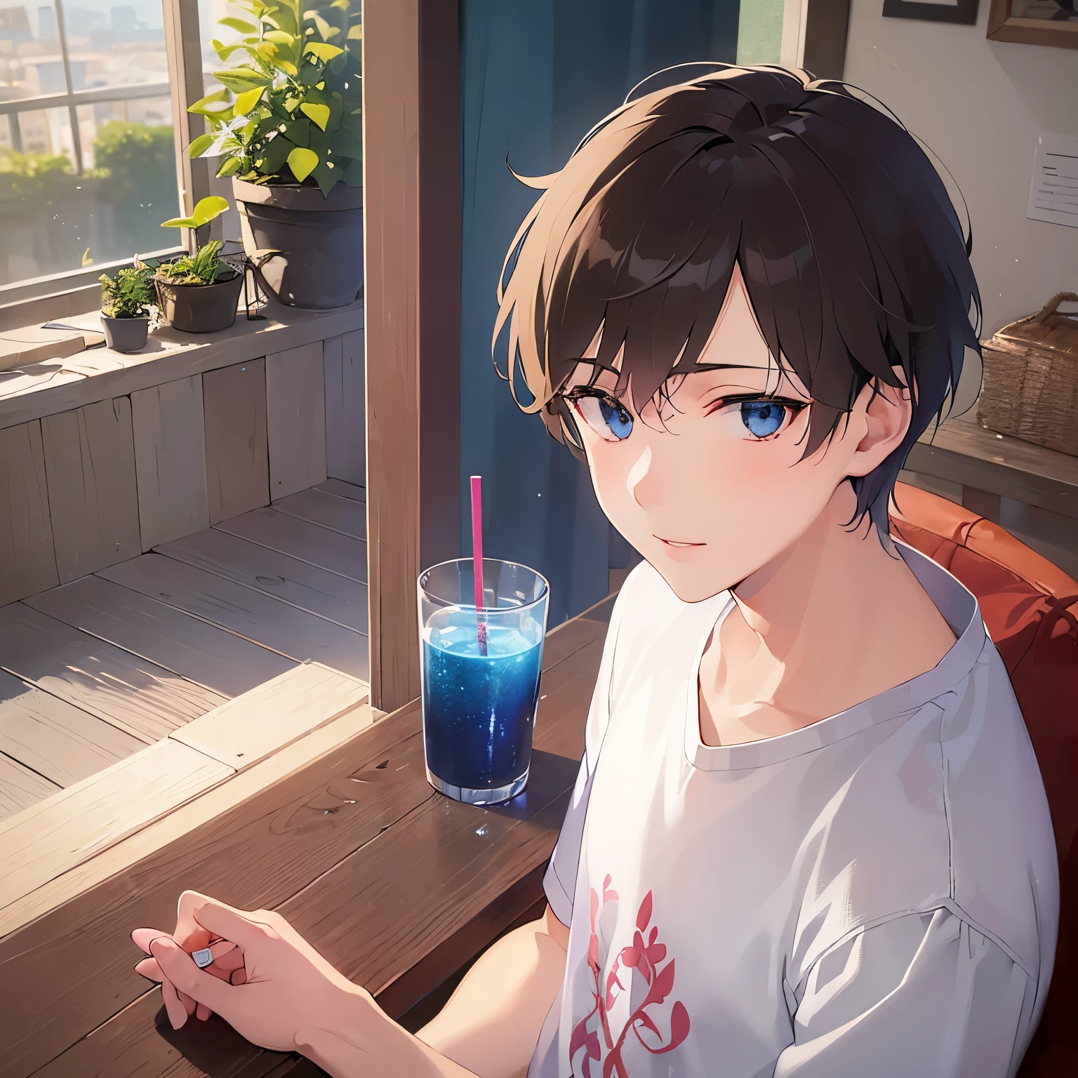 masterpiece、high quality、(25 year old man with short brown hair and blue eyes:1.5), wearing a white T-shirt、(Alone:1.5)、(A gentle smiling face:1.1)、(close up of your face:1.3)、(Only the upper body is visible.:1.3)、be in the living room、Drinking coffee、bold composition、