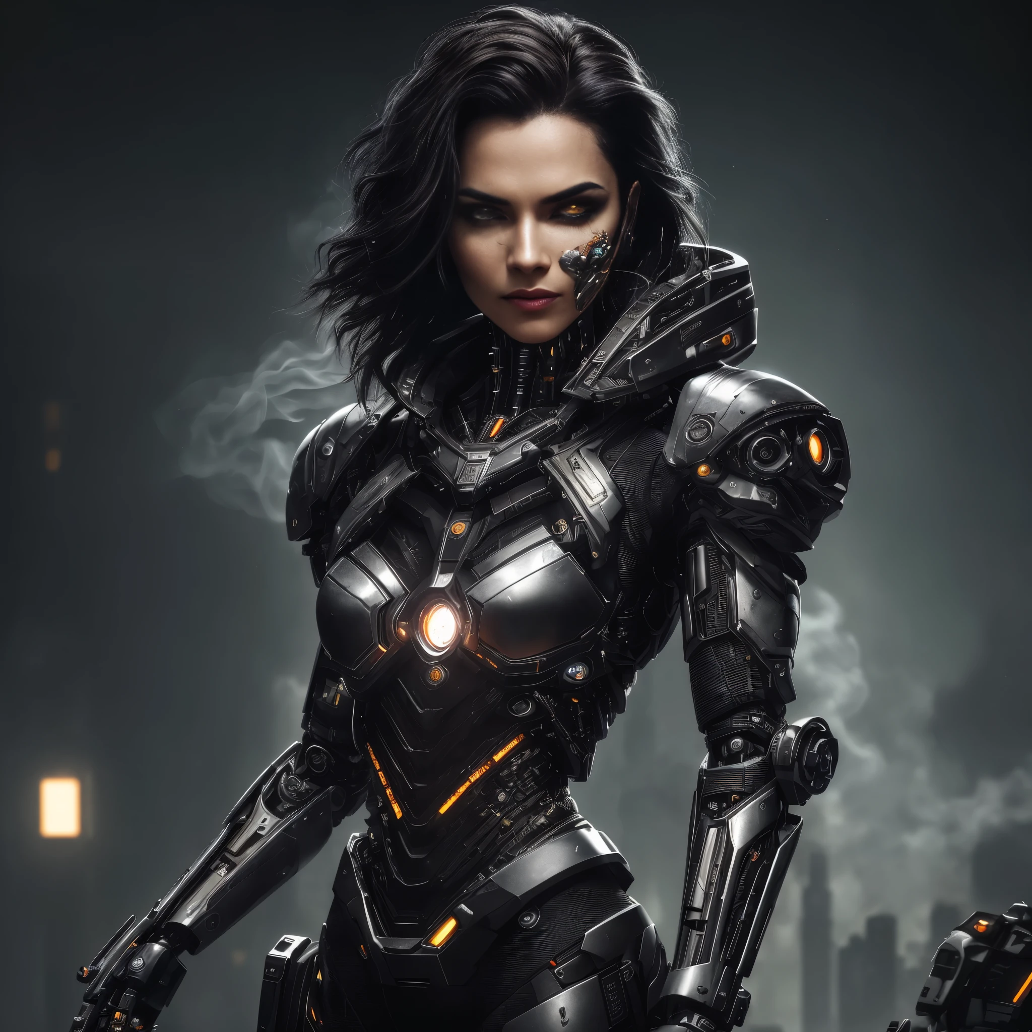 ((1), a cyborg woman with feline features) no estilo-RustMagic, aumento cyberpunk, Ciberware, ciborgue, fibra de carbono, cromada, Implantes, metal skull, Cyber Plate Armadura, (atmosfera escura:1.2), (Mist & smoke), (Noite escura:1.3), cicatrizes, (medium length shaggy dark hair:1.1), (Sombra:1.1), (Brilho lindamente detalhado:1.2), (cinematic lighting), detalhe intrincado, high resolution, olhos arredondados, detailed facial features, sharp focus, Suave, aesthetics, Dark industrial factory detailed background, pose elegante, Dynamic Posture (Opt-6000:0.9)
