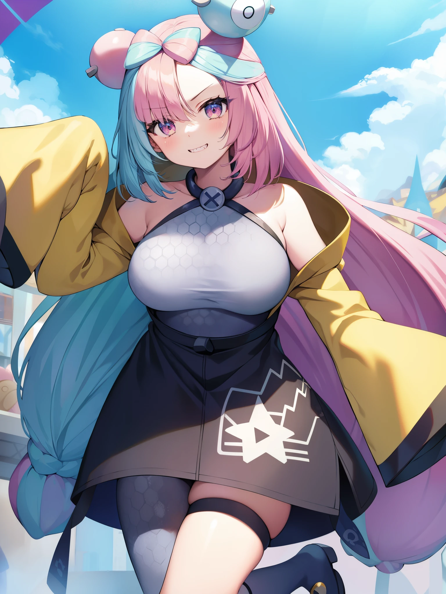 masterpiece、highest quality、Colossal breasts mature woman、Colossal breasts mature woman、1 person、Iono、long hair、bow-shaped hair、pink hair、sharp teeth、ロー結びlong hair、hair ornaments、キャラクターhair ornaments、Jacket、イエローJacket、sleeves reach wrists、sleeves reach fingers、Oversized clothes、x、very long sleeves、one leg pantyhose、shirt、ノースリーブ shirt、smile、open your mouth、