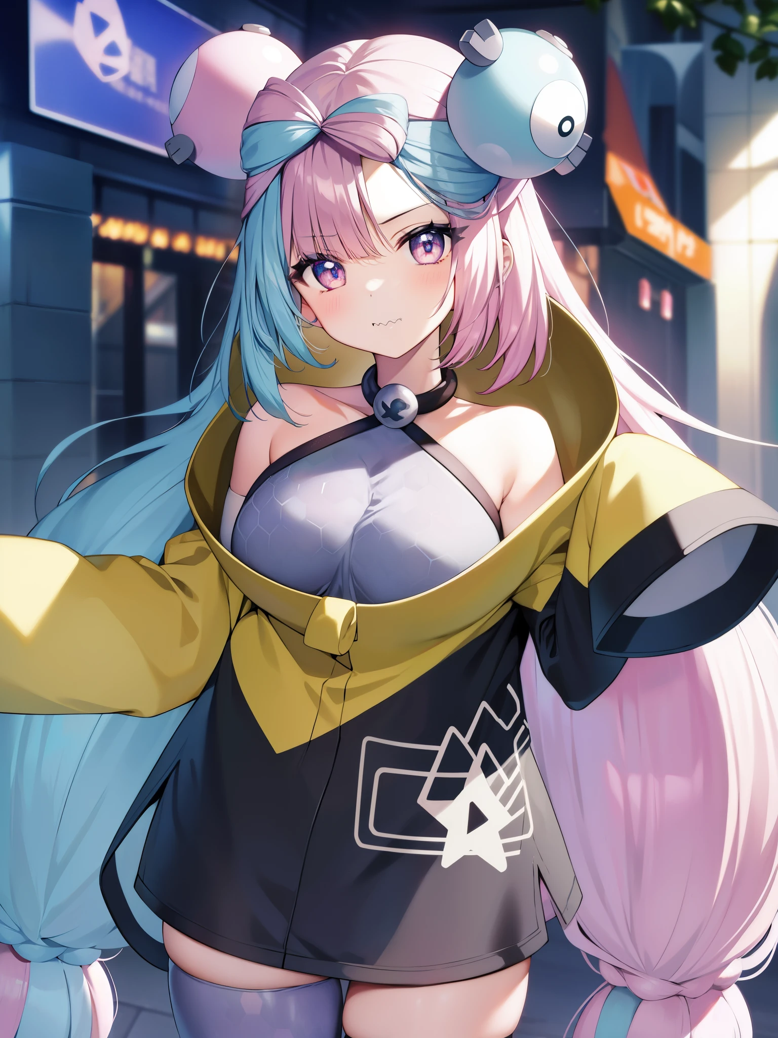 Pokemon Iono、Pokemon Iono、Colossal breasts mature woman、Colossal breasts mature woman、blue hair、bow hair、キャラクターhair ornaments、hair ornaments、long hair、ロー結びlong hair、multi color hair、pink hair、sharp teeth、split-colored hair、twin tails、two tone hair、 (pink eyes:1.5)、Mouth opening、BREAK Asymmetric Legwear、bell、ribbon hair、キャラクターhair ornaments、hexagon print、Oversized clothes、pantyhose、片足pantyhose、split-colored hair、Jacket、(イエローJacket:1.5) 、BREAK Viewer、Upper body、whole body、(cowboy shot:1.5)、BREAK outdoors、nature、null、BREAK (masterpiece:1.2)、highest quality、High resolution、unity 8k wallpaper、(An illustration:0.8)、(beautiful detailed eyes:1.6)、highly detailed face、perfect lighting、Highly detailed CG、(perfect hands、perfect anatomy)、