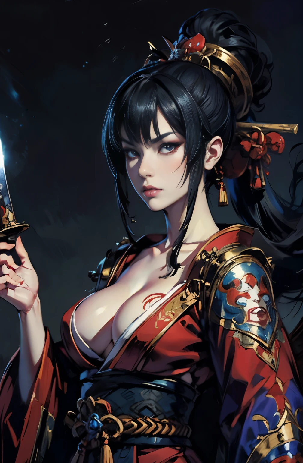 beautiful demon painting, Demon woman with a Japanese sword, Demon woman with a Japanese sword, strong female samurai, A skilled swordsman, female bodyguard, ２book corner, mouth with fangs, Eyes without pupils, gambling, Kumatori, Hyakka Ryōran, Flower of Shura, Looks like he&#39;s in his late 20s, beautiful black haired demon, sharp beauty, Beautiful red kimono, Dr. Moonlight, Oiran, highest ranking woman, Ghost Girl, Female Yakuza, Doji Ibaraki, Shuten Douji, Inspired by Chen Yifei, Inspired by Francesco Hayez, Inspired by Hendrik Terbruggen, Jean＝Works that influenced Auguste Dominique Ingres, Inspired by Liu Jun, Jean＝Works that influenced Auguste Dominique Ingres, highest quality, perfect angle, perfect composition, The perfect subject, best shot, official art, cinematic light, figurative art, Beautiful and expressive paintings, Beautiful artwork illustration, wonderful, cool beauty, clear, Mysterious, highest quality, official art, perfect composition, perfect angle, best shot, women only, sharp outline, pretty much beautiful face, The demon lurking in the darkness of Kyoto, Lord of Chimi-Mourou, A ruthless demon woman, demon queen, Female Yakuza, full body tattoo, wide, Rashomon, SakuraFubuki, Please refrain from, I&#39;ll let you die, raid, woman&#39;s asura, spirits, Hero, divine power, demon of strength, demon&#39;s strength,