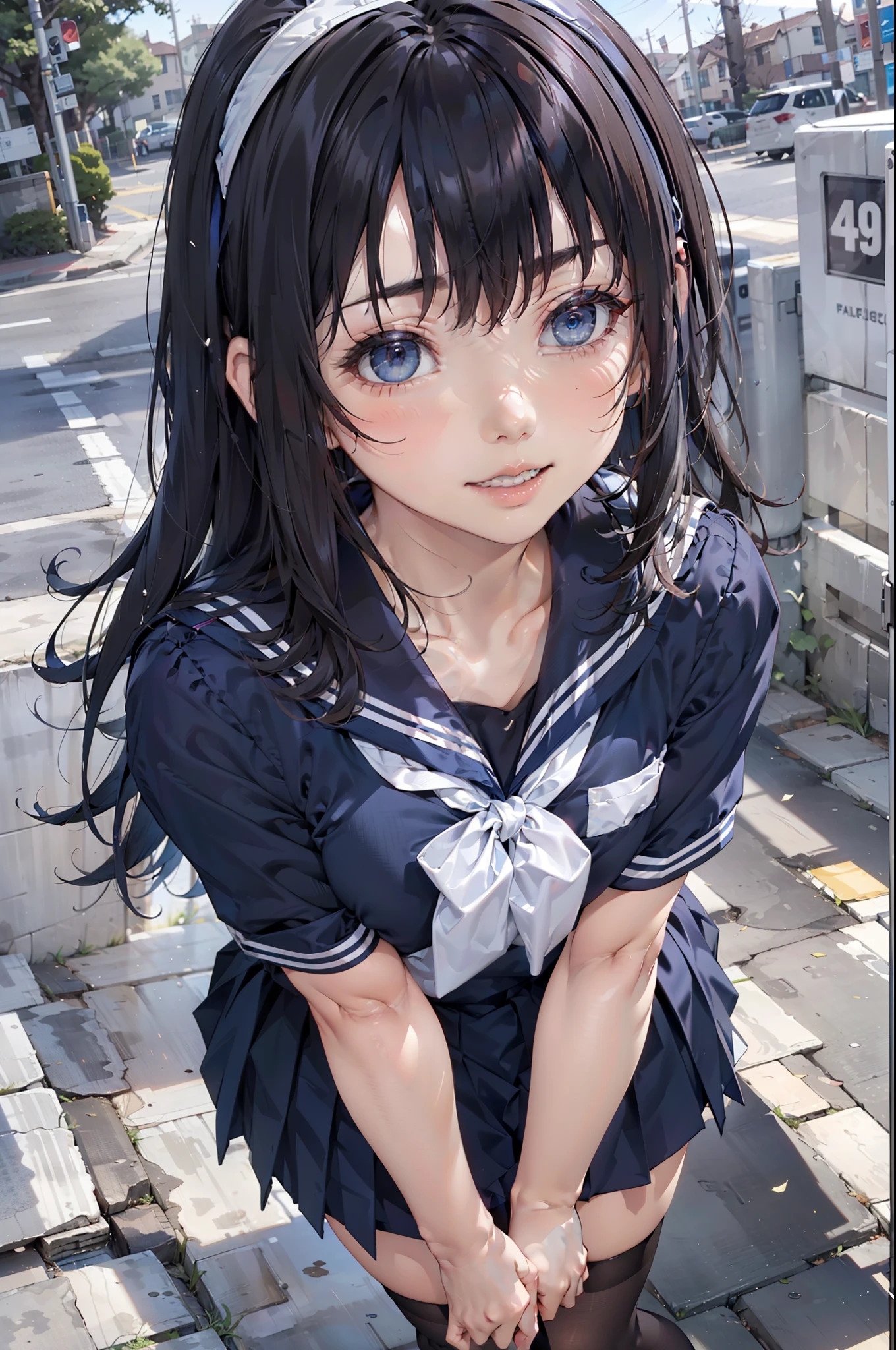 sailor suit, one woman, (a beauty woman, delicate :1.3), black hair, medium long straight hair, Bangs Patsun, 8K, highest quality, masterpiece, Super detailed, ultra high resolution, realistic, RAW photo, absolute resolution, small face compared to body (5:1), very small face (5:1), The face is balanced, black hair, sailor suit, Dark blue skirt, realistic女子高生, ((white headband)), small breasts, tall, slanted eyes, light blue eyes, (In front of the school gate), (black stockings), open your mouth, smile, position looking down from above, stand, hold a bag with both hands, 