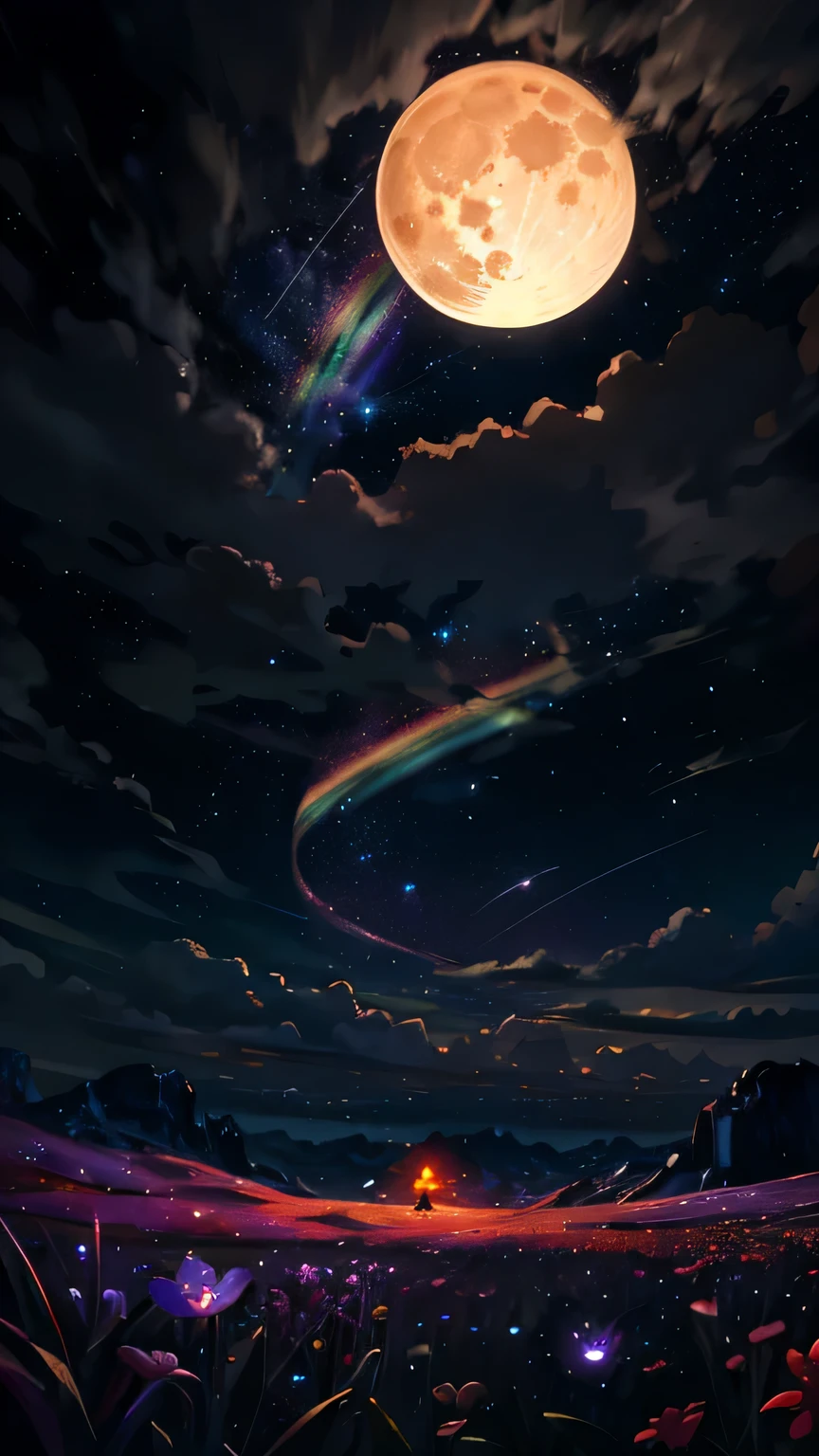 Vast landscape photo, (viewed from below, the sky is above and the open field is below), a girl standing on a flower field looking up, (full moon: 1.2), (meteor: 0.9), (nebula: 1.3), distant mountains , Trees BREAK Crafting Art, (Warm Light: 1.2), (Fireflies: 1.2), Lights, Lots of Purple and Orange, Intricate Details, Volumetric Lighting, Realism BREAK (Masterpiece: 1.2), (Best Quality), 4k, Ultra-Detailed, (Dynamic Composition: 1.4), Very Detailed, Colorful Details, (Rainbow Colors: 1.2), (Glow Lighting, Atmospheric Lighting), Dreamy, Magical, (Solo: 1.2)