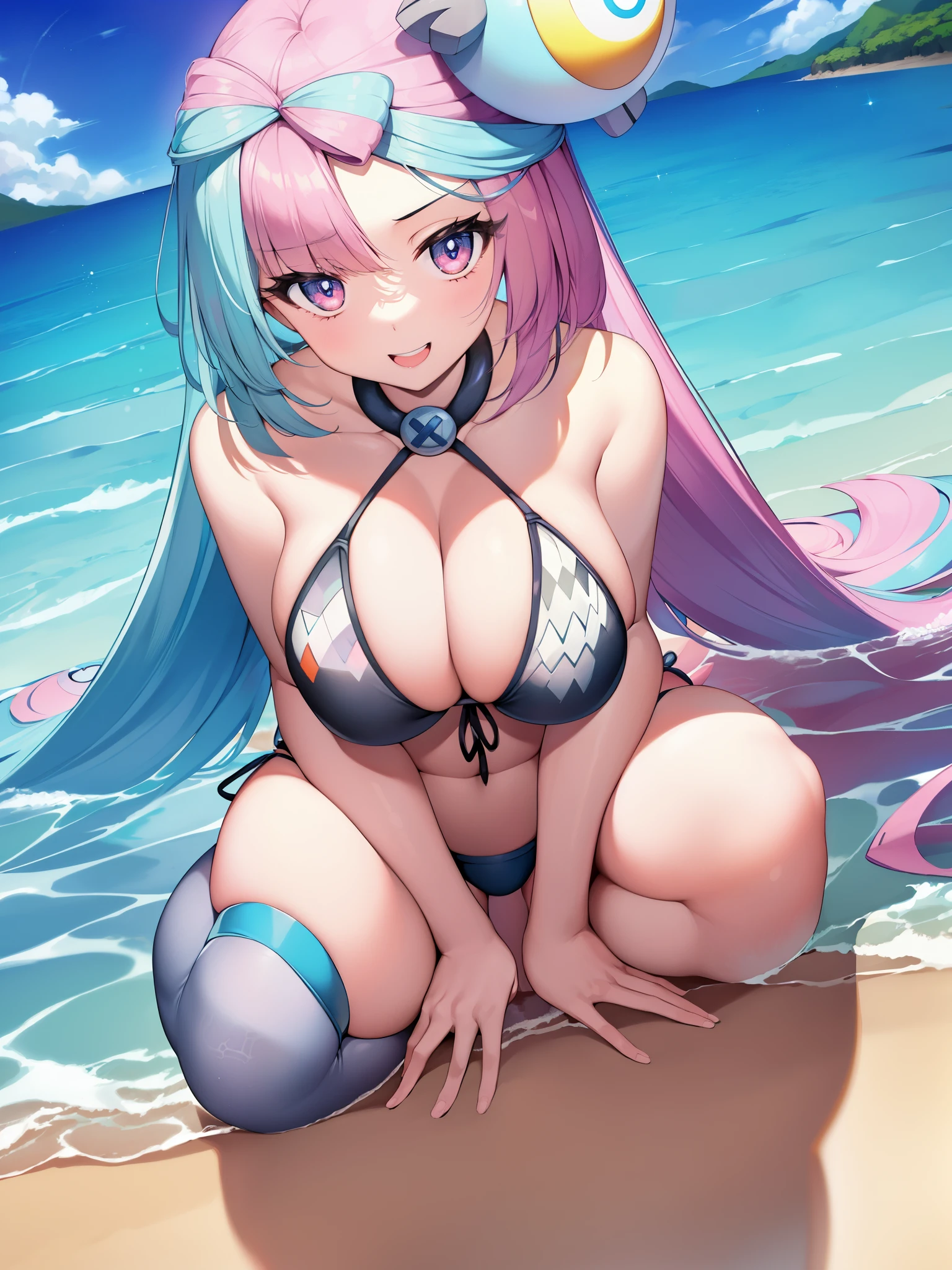Pokemon Iono、Pokémon、iono、cute、Big eyes、(iono)、Colossal breasts mature woman、Colossal breasts mature woman、beautiful、masterpiece、highest quality、highly detailed face、smile、happiness、open your mouth、tooth、side tie bikini、perfect lighting、beach、outdoor、sunny、(1 woman:1.3)、