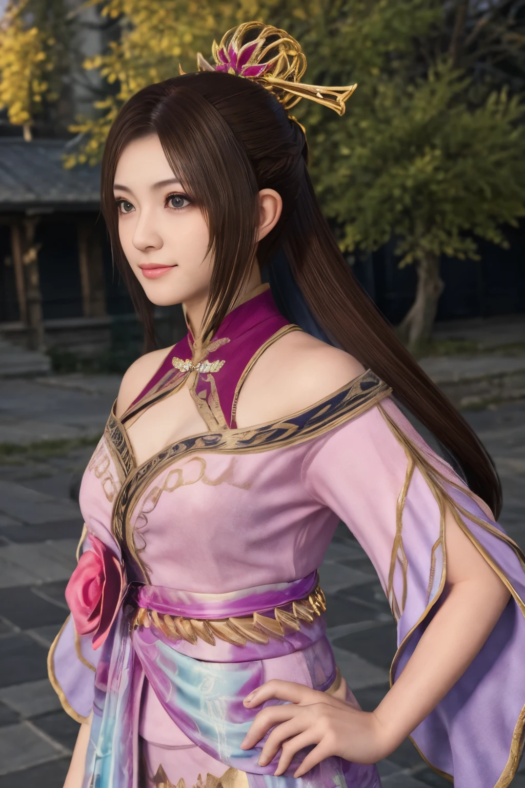 Diaochan from Sangoku Musou 8,masterpiece、1 cute girl、17-year-old high school student、smile,fine eyes、puffy eyes、bright outdoors,Bright downtown、highest quality, 超High resolution, (reality: 1.4), movie lighting、Japanese、asian beauty、Korean、super beautiful、beautiful skin、body facing forward、whole body,Upper body、(超reality的な)、(High resolution)、(8K)、(very detailed)、(美しくfine eyes)、(Super detailed)、 (wall-)、detailed face、bright lighting、professional lighting、looking at the viewer、look straight ahead、slanted bangs、brown hair、Nogizaka idol、