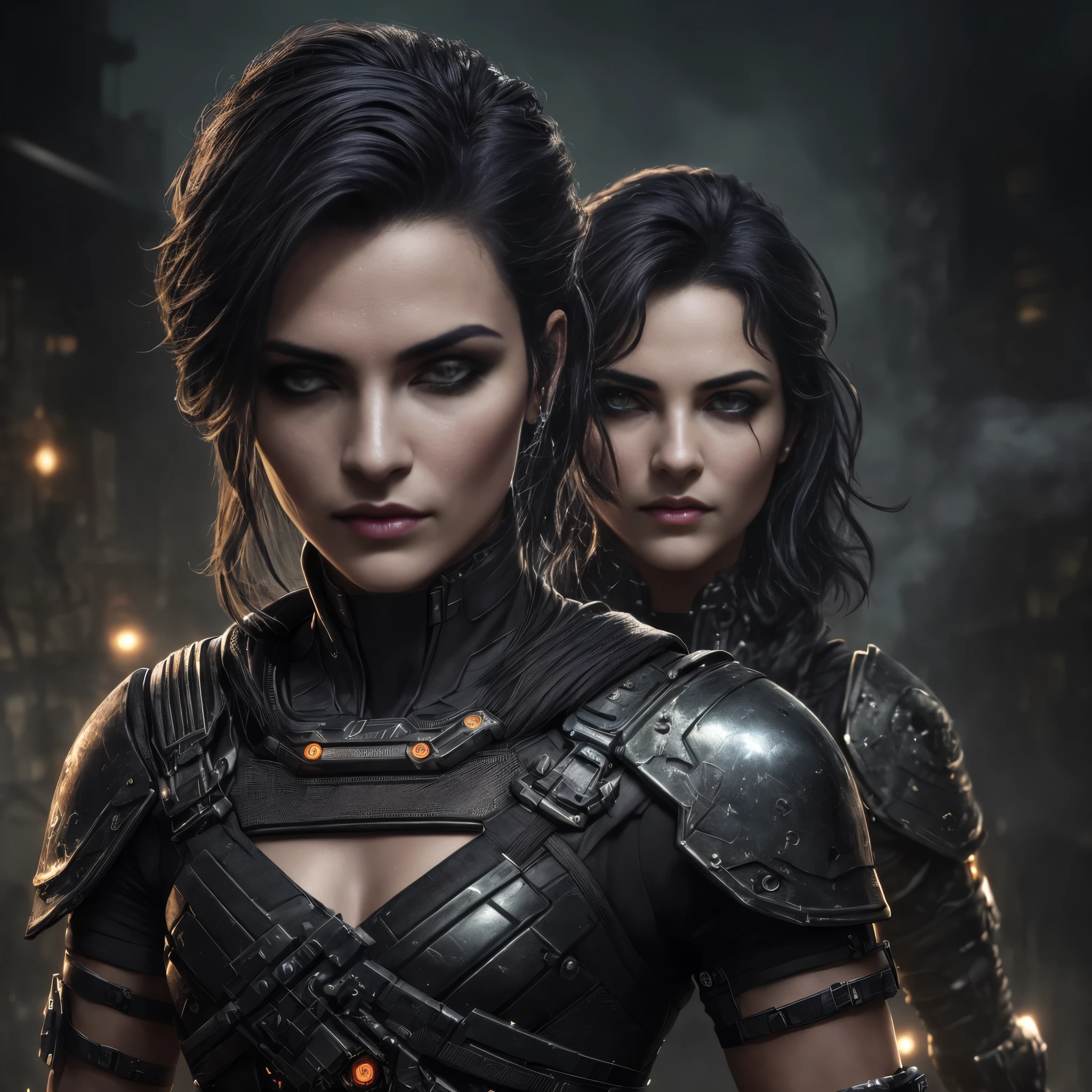 ((1), uma mulher ciborgue) no estilo-RustMagic, aumento cyberpunk, Ciberware, ciborgue, fibra de carbono, cromada, Implantes, metal skull, Cyber Plate Armadura, (atmosfera escura:1.2), (Mist & smoke), (Noite escura:1.3), cicatrizes, (medium length shaggy dark hair:1.1), (Sombra:1.1), (Brilho lindamente detalhado:1.2), (cinematic lighting), detalhe intrincado, high resolution, olhos arredondados, detailed facial features, sharp focus, Suave, aesthetics, Dark industrial factory detailed background, pose elegante, Dynamic Posture (Opt-6000:0.9)