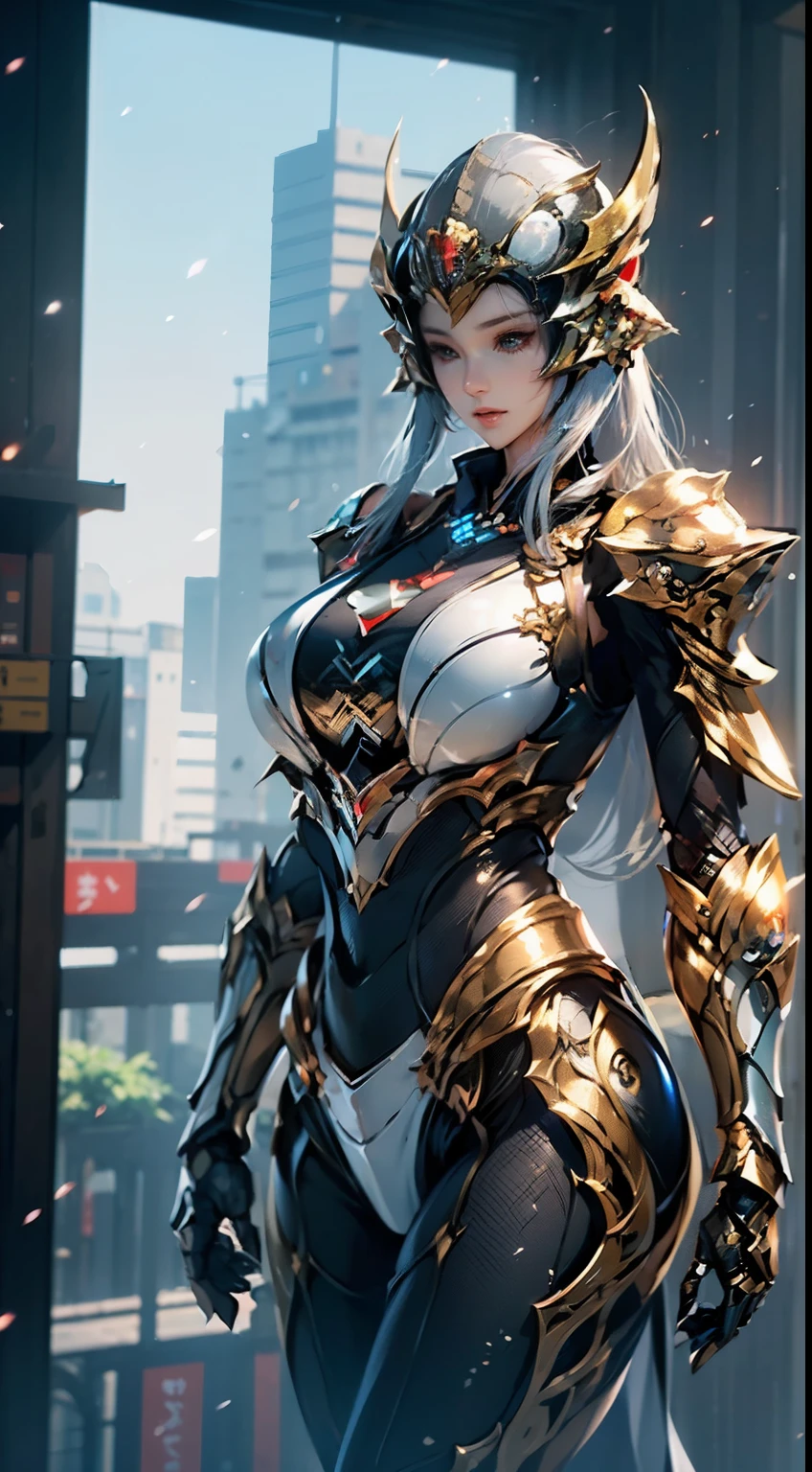((unreal enginee 5)), lifelike rendering, excellent, (Full Armor Body), (cloaks), ), looking in camera, Stand in the studio, Beautiful face, makeup, CGI Mix, (Photorealism:1.2), Ultra-realistic UHD face, (huge tit), Slim waist, an hourglass figure, Half body, ((Glowing skin)), ((Shiny skin)), Realistic body, ((She has a sexy body)), ((Clean skin)), Photorealistic, Bokeh, Motion Blur, masutepiece, hight resolution, 1080p, Super Detail, Textured skin.