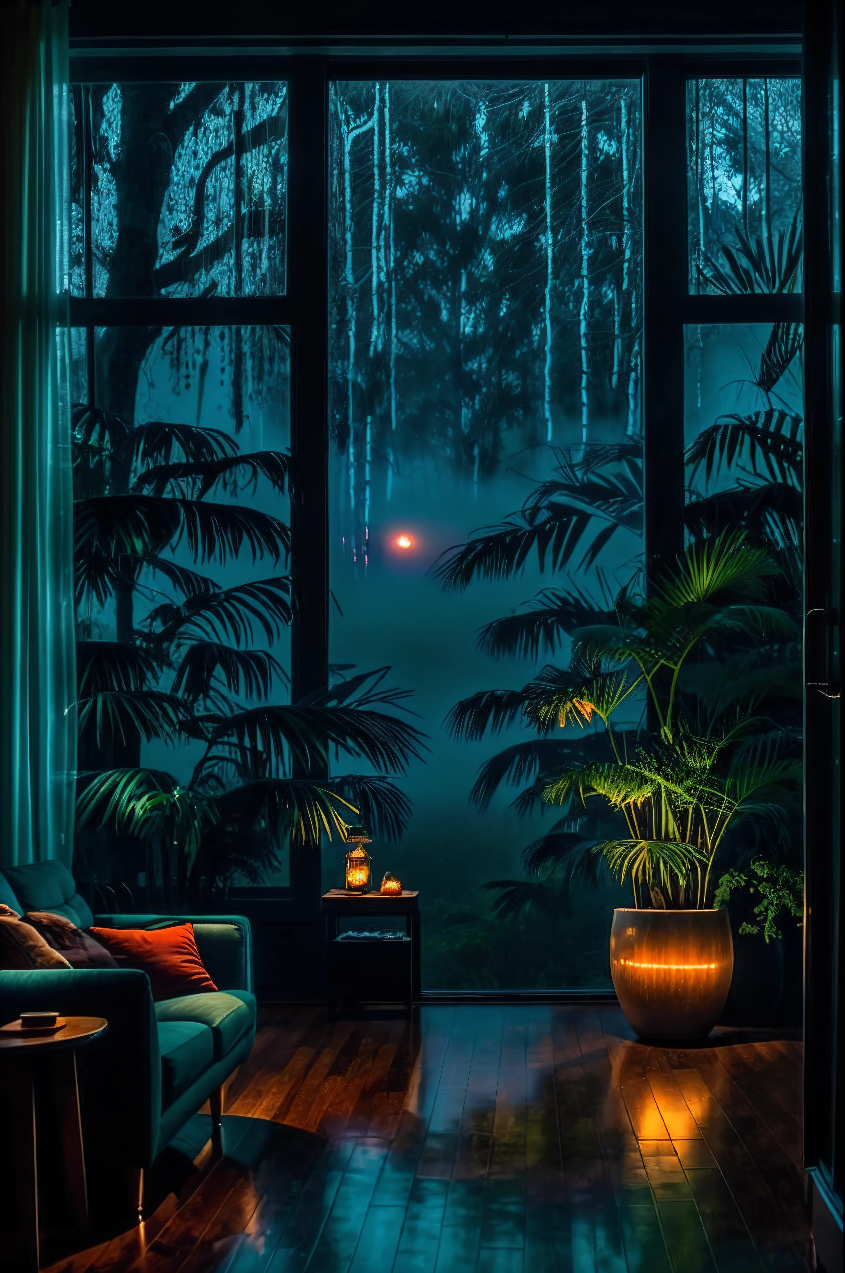 Mid-century modern living room dimly lit, outside is dark rainy nights, (foggy rainy nights: 1.2), Pacific Northwest, (dim lights: 1.4), (moody lights: 1.2), plants, figures, rainy days, monstera, many plants, (foggy windows: 1.2), masterpiece, best quality, twilight, (night: 1.4), rainy nights, after sunset,