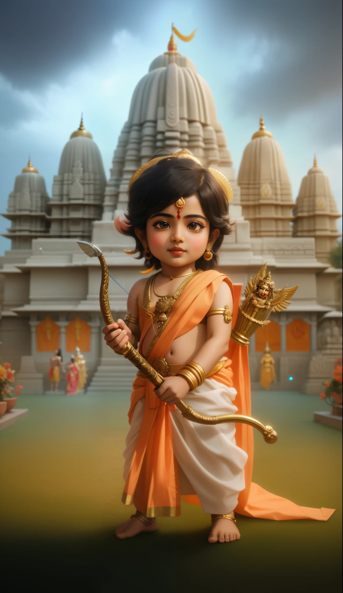 a close up of  rama  holding a bow and arrow, hindu aesthetic, from ramayan, adorable digital painting, indian god, temple background, hindu art, hindu god, hinduism, indian temple, indian goddess, young goddess, vishnu, hindu gods, by Daryush Shokof, beautiful digital artwork, cybertronic hindu temple, profile pic, photo manipulation ultra realistic 8k resolution 