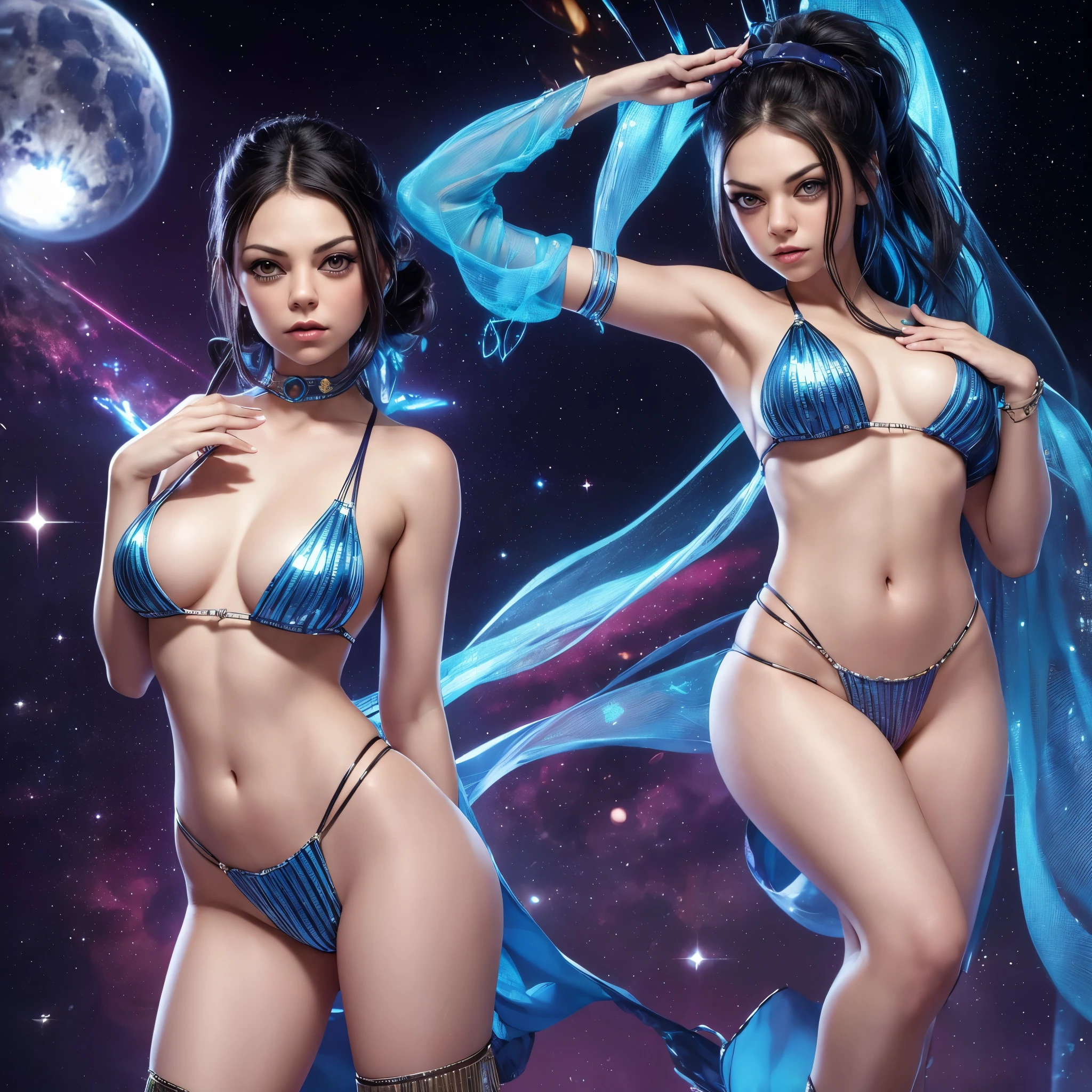 (overarching theme: (sci fi movie|1920s Flapper undertones| 1920s Charleston Dance Style)),(multiple subjects)(complex details)(a very high quality,4k,8k,highres,masterpiece:1.2), ultra-detailed, realistic, photorealistic:1.37, HDR, UHD, studio lighting, extreme detail description, professional, vivid colors, bokeh, best quality,realistic,higres,masterpiece:1.2), An Attractive Woman (Mila Kunis(age 25),(hair dyed bright color)|alien), a secret society of shapeshifting humans [scifi|fantasy], lovely inhuman eyes, wearing Princess Leia's iconic bikini, she is dancing for Han Solo in a Pleasure Bar, many aliens sit at tables, safe for work, no nudity, show her entire body, full body picture head to toe, make the men go wild, wiggle jiggle, seductive pose, magic, power of love, breathtaking, enticing, full body, entire body, show her from head to toe, show her entire body, safe for work, pasties, no nudity, lust, seductive, double check anatomy, proper anatomy