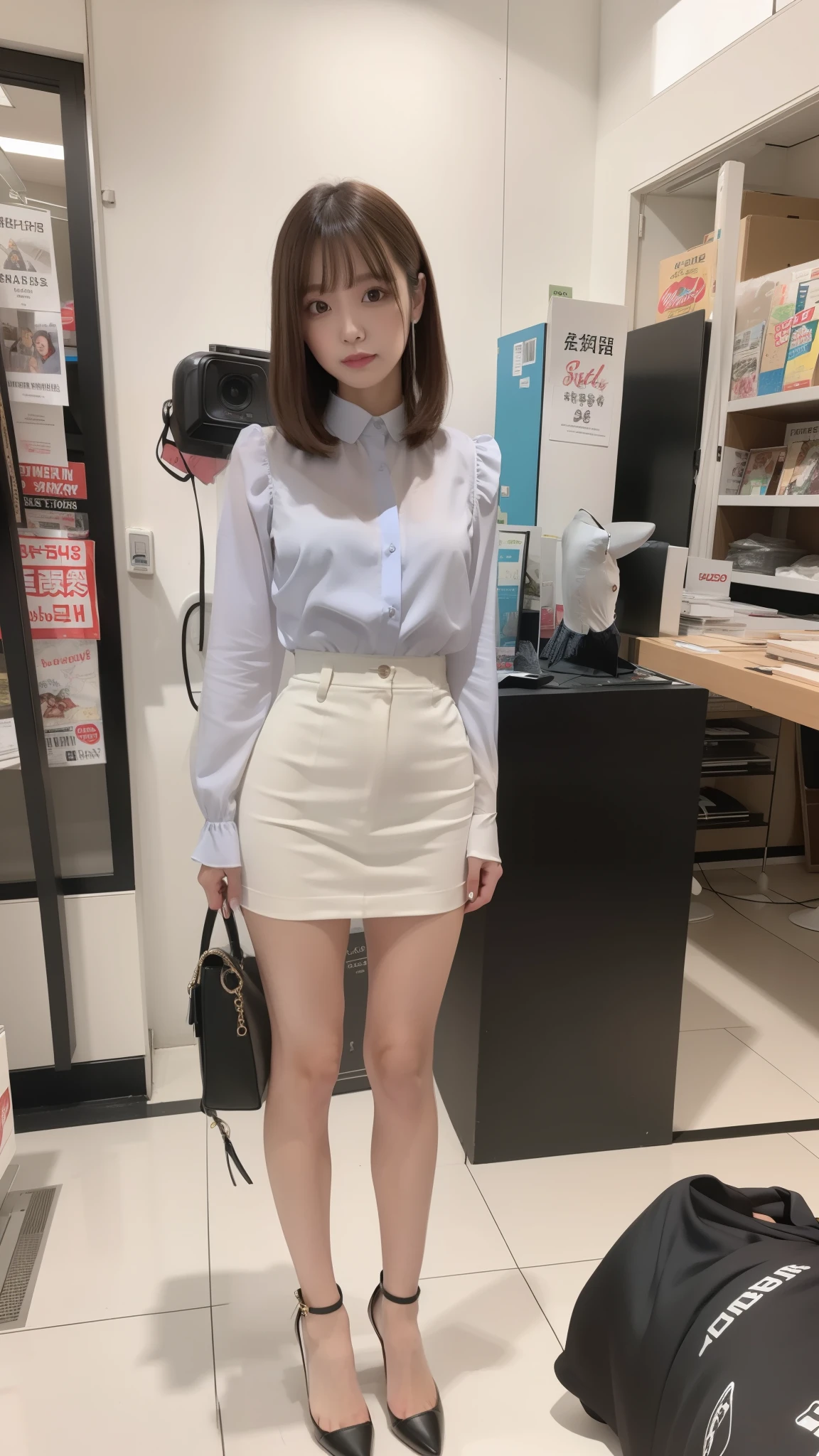 Silver satin ruffled blouse, black skirt
