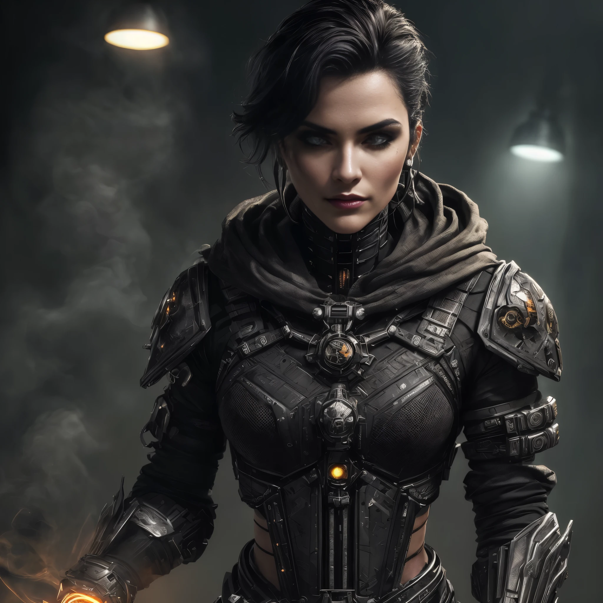Portrait, Cassandra Cain from DC, biomechanical, complex robot, full growth, hyperrealistic, insane small details, extremely clean lines, cyberpunk aesthetic, masterpiece featured on Zbrush Central, gothic brutalist cathedral, cyberpunk, award-winning photo, bokeh, neon lights, cybernetic limb