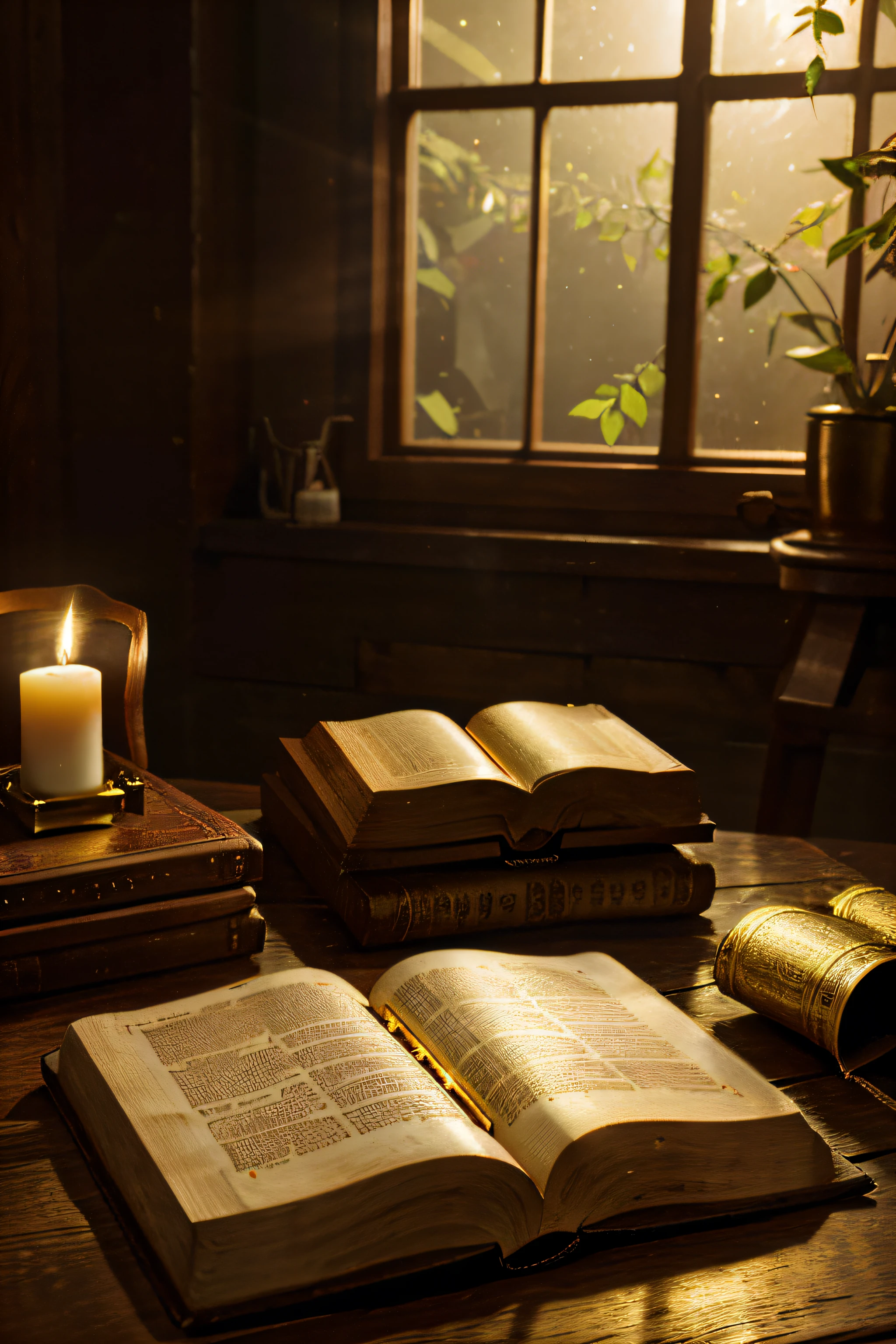 highres,realistic,a bible on a table,wooden table,bible with gold edges,open bible,ray of light shining on the bible,soft candlelight illuminating the scene,vintage atmosphere,vivid colors,tranquil and peaceful ambiance