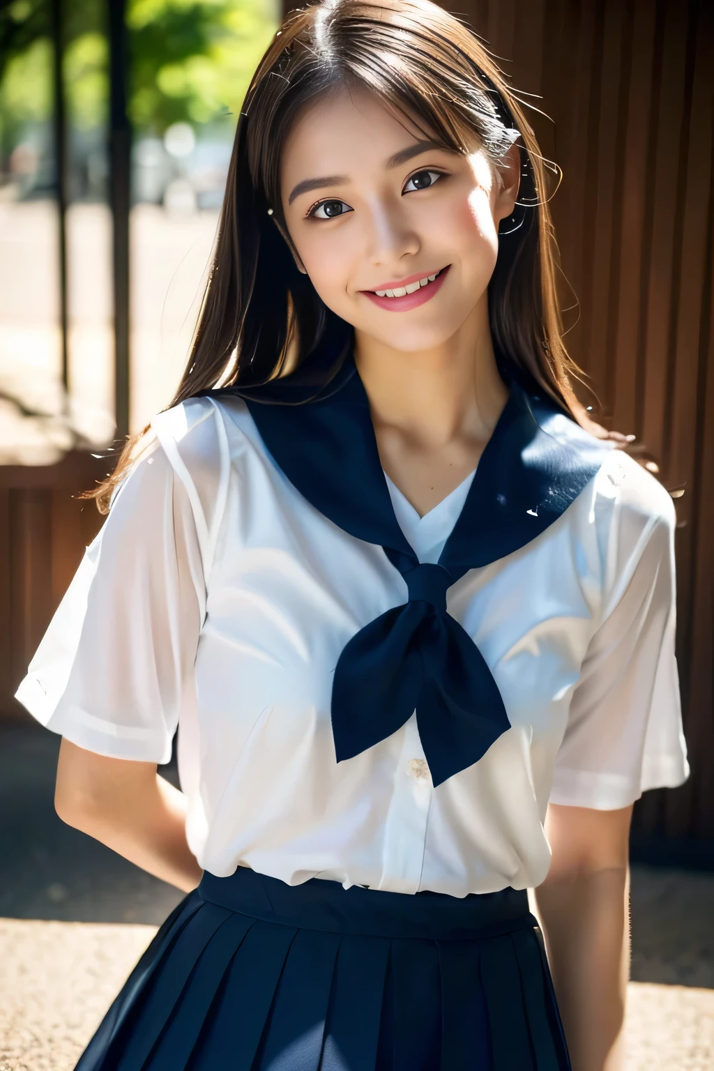 (Best Quality, 8K, ultra-detailed, Masterpiece: 1.3), 1girl, solo, kawaii, ((navy blue pleated skirt)), smiling, looking at viewer, smile, long hair, park, bow tie, (black hair:1.3), , white shirt, side updo hairstyle, colorful_girl_v2, , windlift_skirt, standing, white cute panties, from below, (skirt lift:1.3), ,