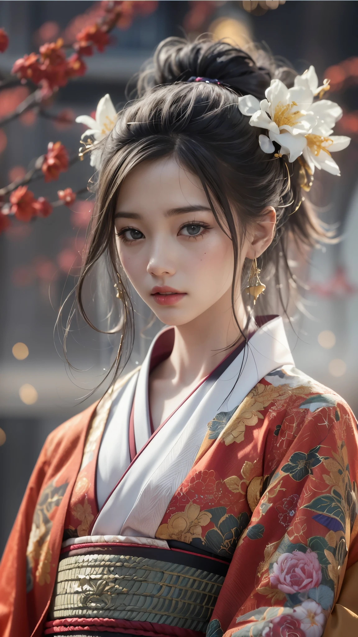 Super high quality, masterpiece, perfect illustration, extreme detail (exquisite light and shadow, highly dramatic picture,) Stroke, 1 girl, solo, (wearing red, black and white Hanfu,) flower field, flowers, (white smoke:1.3) (Realistic:1.4), Zen entanglement, tangled, official art, Unity 8k wallpaper, super detailed, beautiful and beautiful, masterpiece, best quality, (dynamic angle: 1.4), glowing skin, (floating colorful flashes: 1) the most beautiful chaotic forms, elegant, brutalist design, Bright colors, romantic depth of field exotic_dance, half_naked, Background with((ancient city:1.2)And the moon、(dense background:1.5))、BREAK {{{Luxury kimono(Colorful kimono(Detailed golden embroidery,))}}}、face perfect,Depict a beautiful and graceful woman of Japan,poneyTail、Woman with shiny black hair、perfect hand,Heart in the eye。odd eye,full body Esbian,Blur the background with a sickle,((masutepiece)), ((Best Quality))Wallpapers 16K, .Blur the background with a sickle,BREAK,((masutepiece)), ((Best Quality)),epicd(Lige Fries Photography、sony a7、50 millimeters、pores:1.5、Farbe、ultra-detailliert:1.5、film grains:1.4、hyper realisitic:1.5)、octan render、 ultra realistic lifelike textures、masterpiece、unrealengine5、the Extremely Detailed CG Unity 8K Wallpapers、Madly detailed photo、Ultra-realistic light、(Pulitzer Prize for Best Photography、Taylor Wessing Award for Best Photography) Potrait girl with bokeh background, long dresss, women with long dress focus on girl, natural skin oil masterpiece, zeus 23mm f2 realistic, beautiful oil face skin, little oil face reflection, realistic skin, realistic hair, realistic fantasy hair masterpiece, realistic face masterpiece, realistic all object, blur depht of field, fireflies