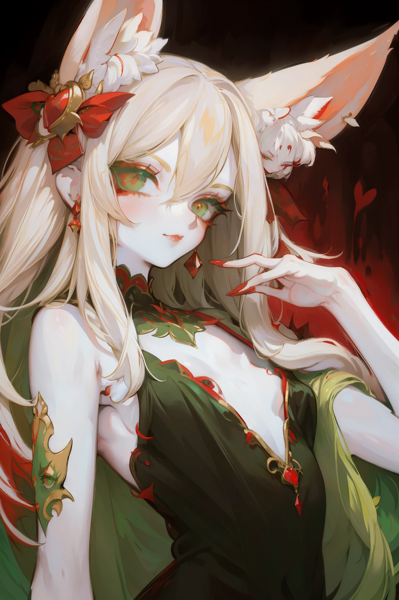 Upper body standing painting, sweetheart, solo, pale-skinned, (Fox ears), Elaborate Eyes, detail in face, Green-eyed, Red Eyeshadow, lips in red, black magic dress, awas, pervert smirk, tmasterpiece, high high quality, minimum, Tiny,