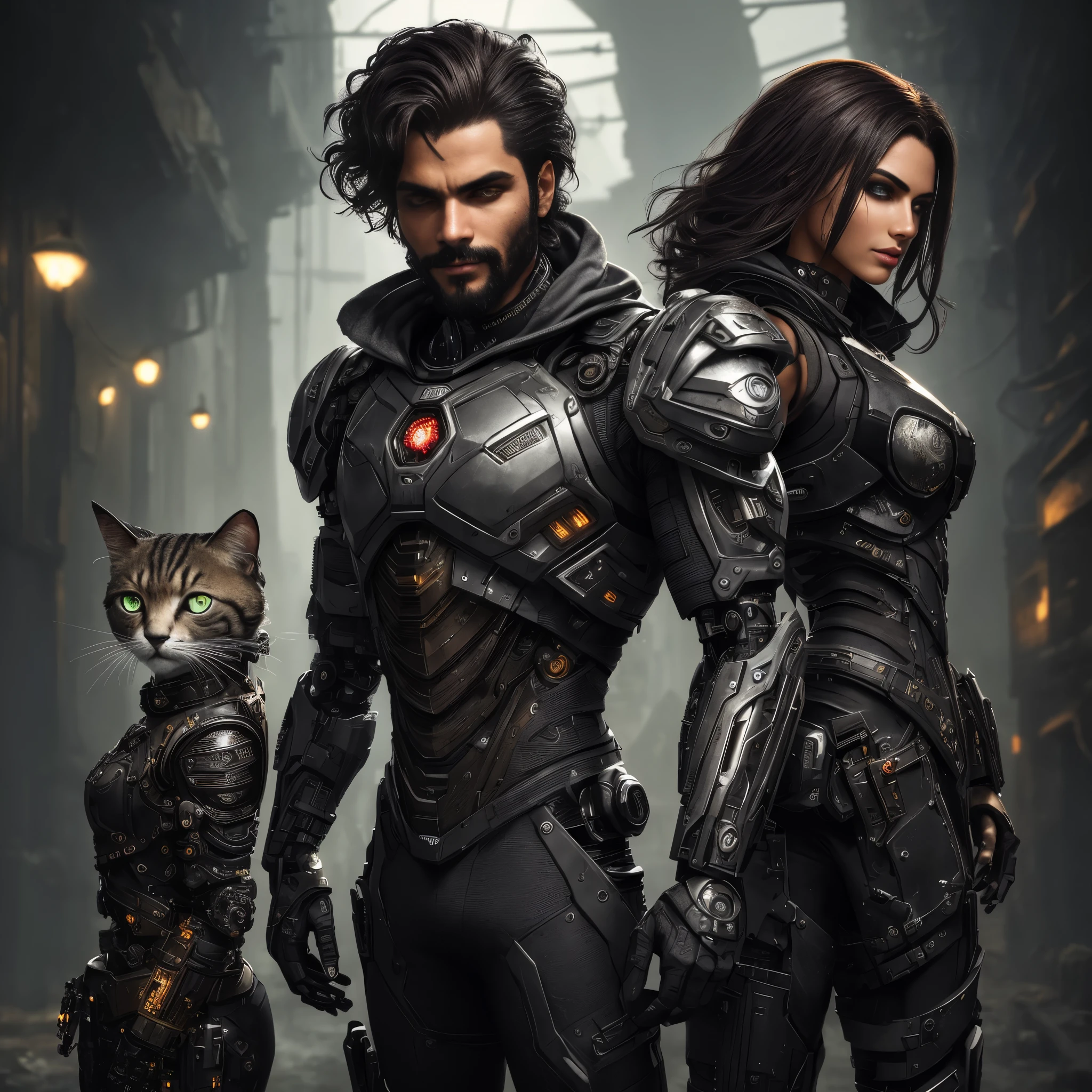 a cyborg with feline features in the RustMagic style, aumento cyberpunk, Ciberware, ciborgue, fibra de carbono, cromada, Implantes, metal skull, Cyber Plate Armadura, (atmosfera escura:1.2), (Mist & smoke), (Noite escura:1.3), cicatrizes, (medium length shaggy dark hair:1.1), (Sombra:1.1), (Brilho lindamente detalhado:1.2), (cinematic lighting), detalhe intrincado, high resolution, olhos arredondados, detailed facial features, sharp focus, Suave, aesthetics, Dark industrial factory detailed background, pose elegante, Dynamic Posture (Opt-6000:0.9)