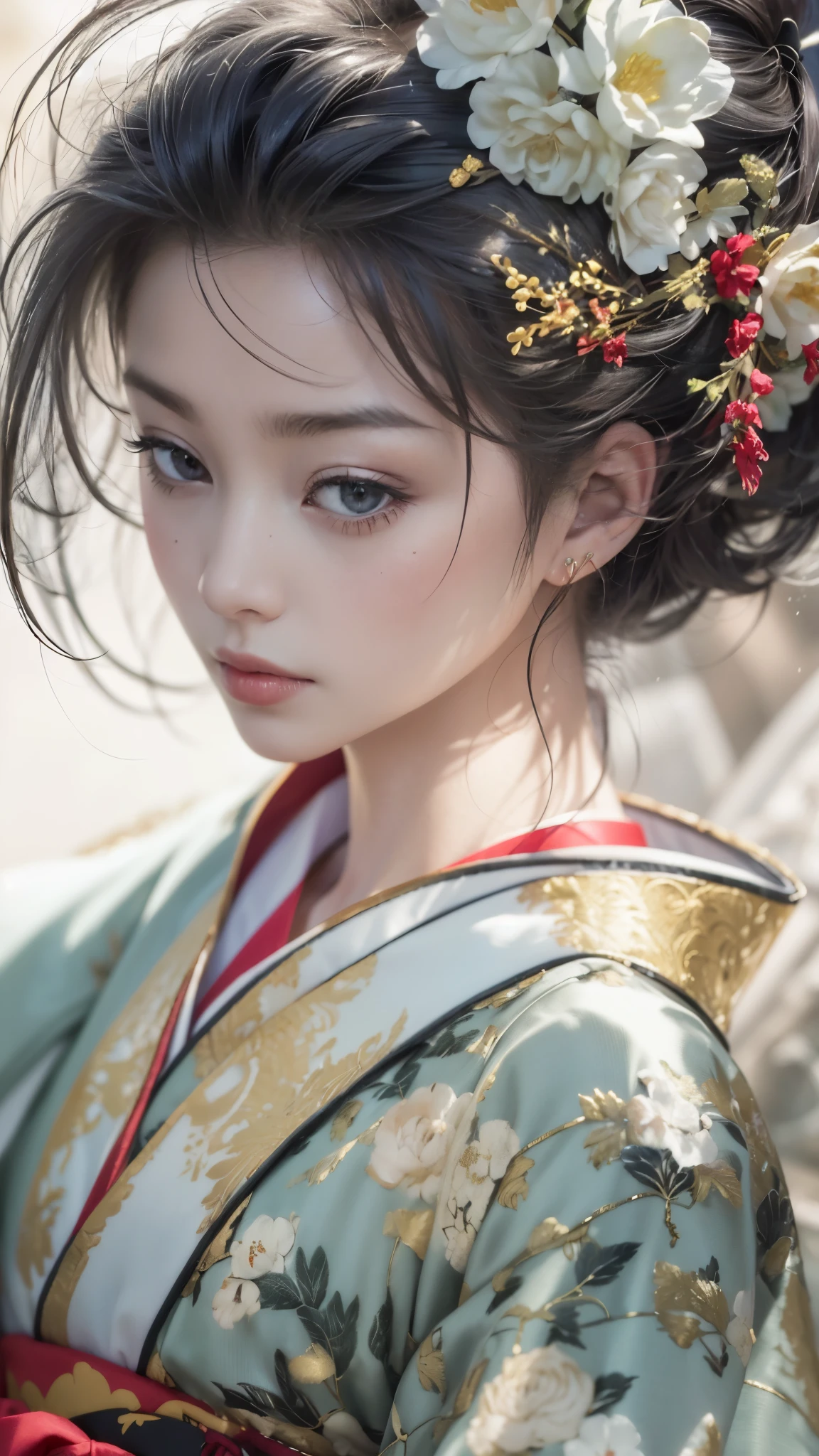 Super high quality, masterpiece, perfect illustration, extreme detail (exquisite light and shadow, highly dramatic picture,) Stroke, 1 girl, solo, (wearing red, black and white Hanfu,) flower field, flowers, (white smoke:1.3) (Realistic:1.4), Zen entanglement, tangled, official art, Unity 8k wallpaper, super detailed, beautiful and beautiful, masterpiece, best quality, (dynamic angle: 1.4), glowing skin, (floating colorful flashes: 1) the most beautiful chaotic forms, elegant, brutalist design, Bright colors, romantic depth of field exotic_dance, half_naked, Background with((ancient city:1.2)And the moon、(dense background:1.5))、BREAK {{{Luxury kimono(Colorful kimono(Detailed golden embroidery,))}}}、face perfect,Depict a beautiful and graceful woman of Japan,poneyTail、Woman with shiny black hair、perfect hand,Heart in the eye。odd eye,full body Esbian,Blur the background with a sickle,((masutepiece)), ((Best Quality))Wallpapers 16K, .Blur the background with a sickle,BREAK,((masutepiece)), ((Best Quality)),epicd(Lige Fries Photography、sony a7、50 millimeters、pores:1.5、Farbe、ultra-detailliert:1.5、film grains:1.4、hyper realisitic:1.5)、octan render、 ultra realistic lifelike textures、masterpiece、unrealengine5、the Extremely Detailed CG Unity 8K Wallpapers、Madly detailed photo、Ultra-realistic light、(Pulitzer Prize for Best Photography、Taylor Wessing Award for Best Photography) Potrait girl with bokeh background, long dresss, women with long dress focus on girl, natural skin oil masterpiece, zeus 23mm f2 realistic, beautiful oil face skin, little oil face reflection, realistic skin, realistic hair, realistic fantasy hair masterpiece, realistic face masterpiece, realistic all object, blur depht of field, fireflies