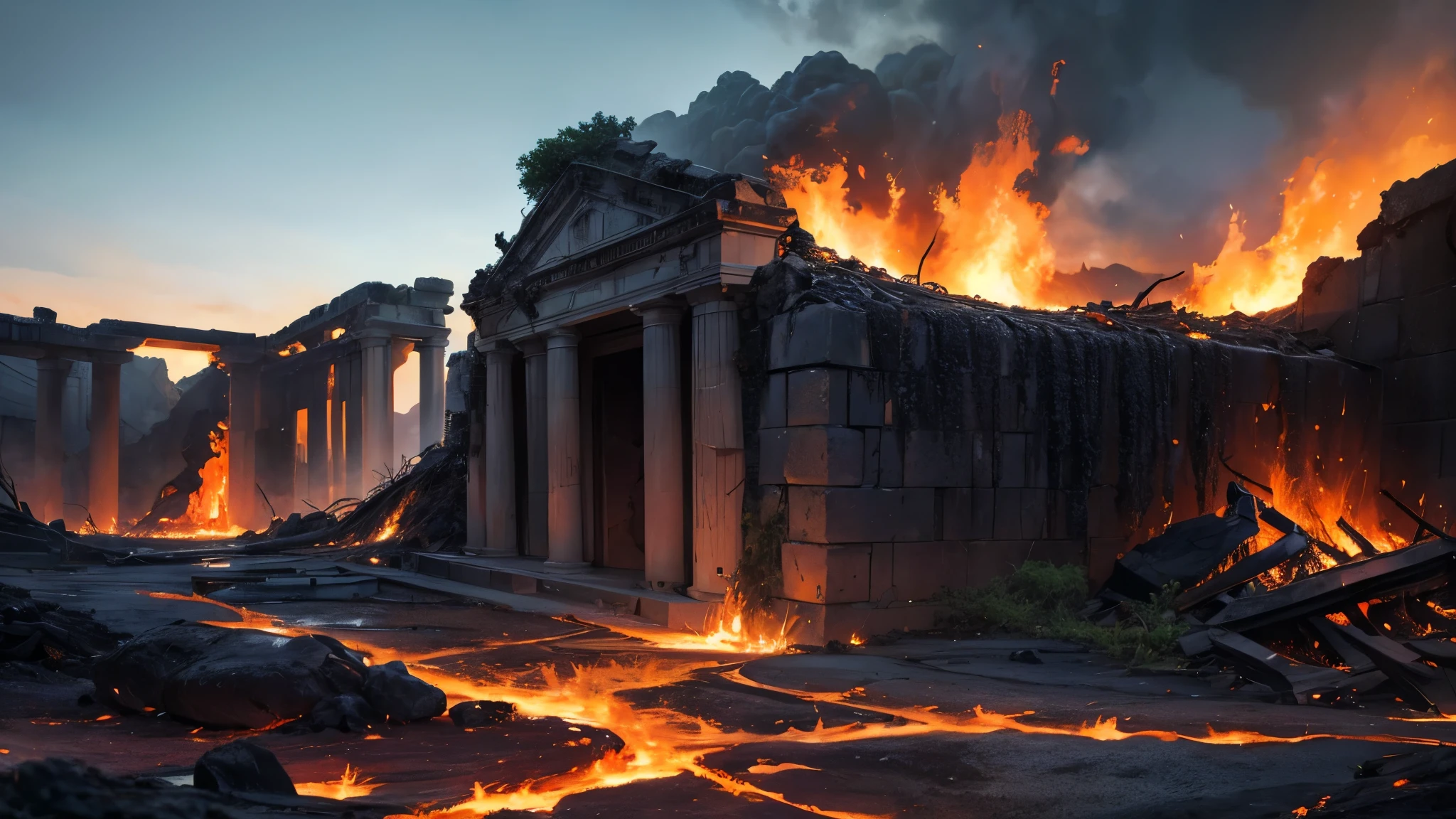 Cinematic lighting, (depth of field) , Ultra HD, (trunk), (realistic background), stony ground with many dry branches sticking out of the ground, hot lava coming out of the ground (volcano lava everywhere), dry and burnt vegetation, building in the background similar to the temple of Aphrodite in ruins, rocks everywhere, buildings in ruins, war scene from the apocalypse, night sky with orange clouds reflecting the fire on the ground.