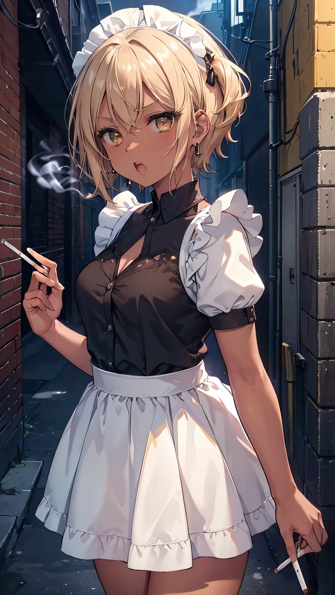 (8K、best image quality、highest quality、masterpiece)、detailed face、1 girl、((brown skin:1.3))、blonde、short hair、yellow eyes、earrings、Get angry、open mouth、tooth、smoking cigarette、big breasts、maid、short sleeve、miniskirt、have a cigarette、cowboy shot、Back alley background