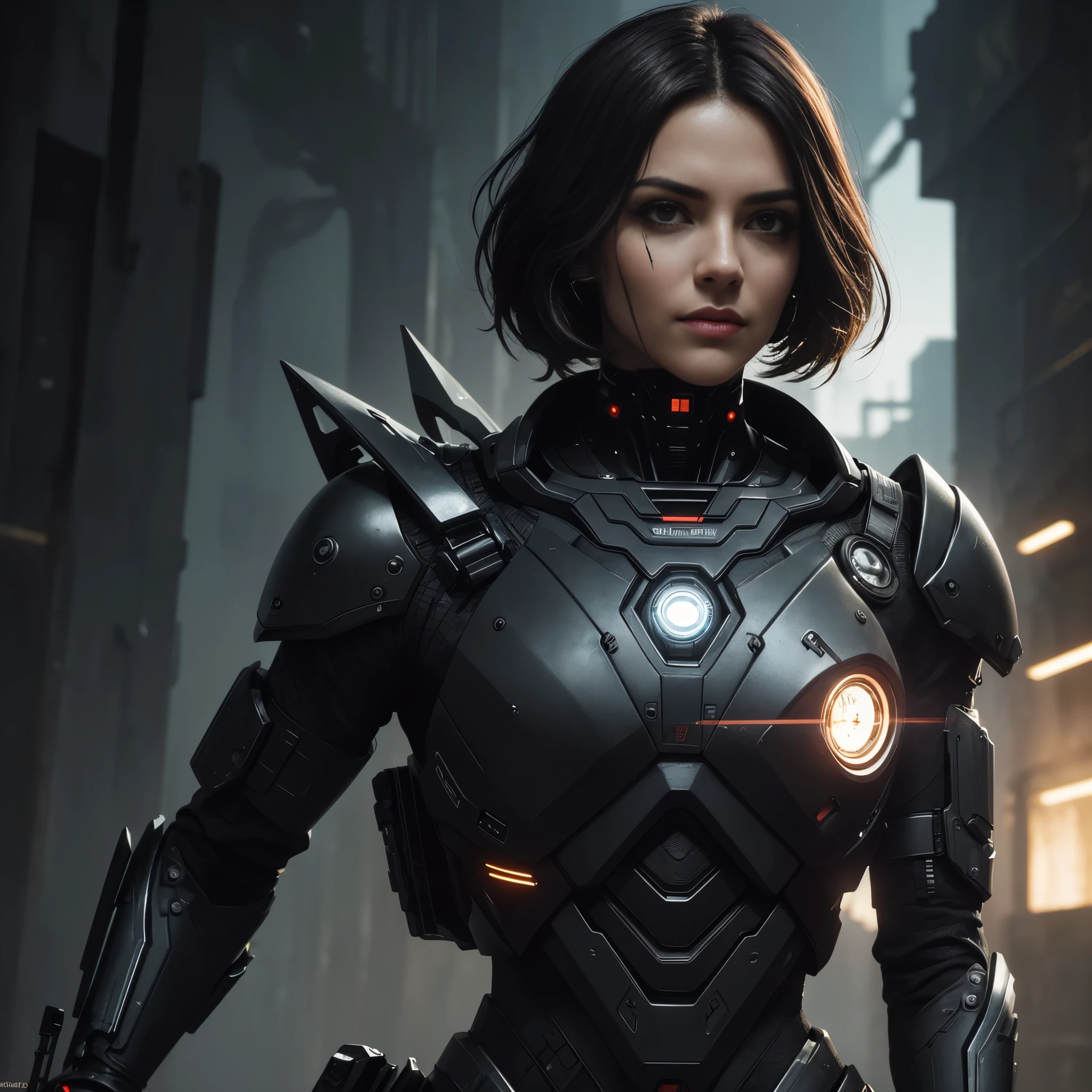 a cyborg with feline features in the RustMagic style, aumento cyberpunk, Ciberware, ciborgue, fibra de carbono, cromada, Implantes, metal skull, Cyber Plate Armadura, (atmosfera escura:1.2), (Mist & smoke), (Noite escura:1.3), cicatrizes, (medium length shaggy dark hair:1.1), (Sombra:1.1), (Brilho lindamente detalhado:1.2), (cinematic lighting), detalhe intrincado, high resolution, olhos arredondados, detailed facial features, sharp focus, Suave, aesthetics, Dark industrial factory detailed background, pose elegante, Dynamic Posture (Opt-6000:0.9)