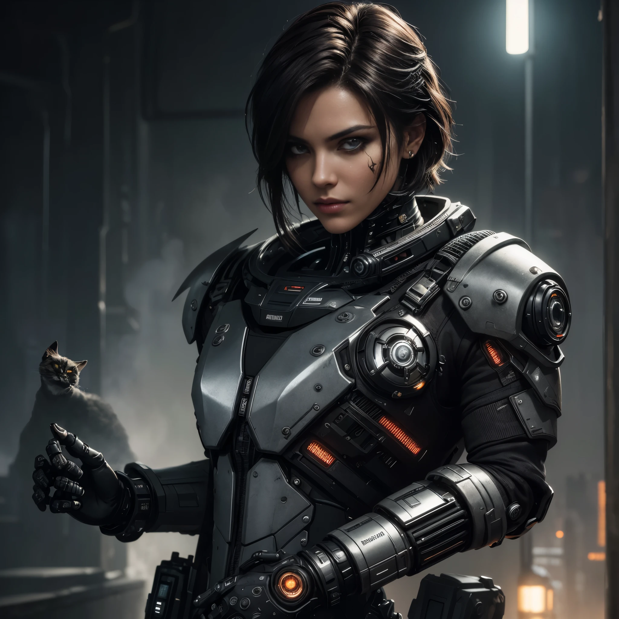 a cyborg with feline features in the RustMagic style, aumento cyberpunk, Ciberware, ciborgue, fibra de carbono, cromada, Implantes, metal skull, Cyber Plate Armadura, (atmosfera escura:1.2), (Mist & smoke), (Noite escura:1.3), cicatrizes, (medium length shaggy dark hair:1.1), (Sombra:1.1), (Brilho lindamente detalhado:1.2), (cinematic lighting), detalhe intrincado, high resolution, olhos arredondados, detailed facial features, sharp focus, Suave, aesthetics, Dark industrial factory detailed background, pose elegante, Dynamic Posture (Opt-6000:0.9)