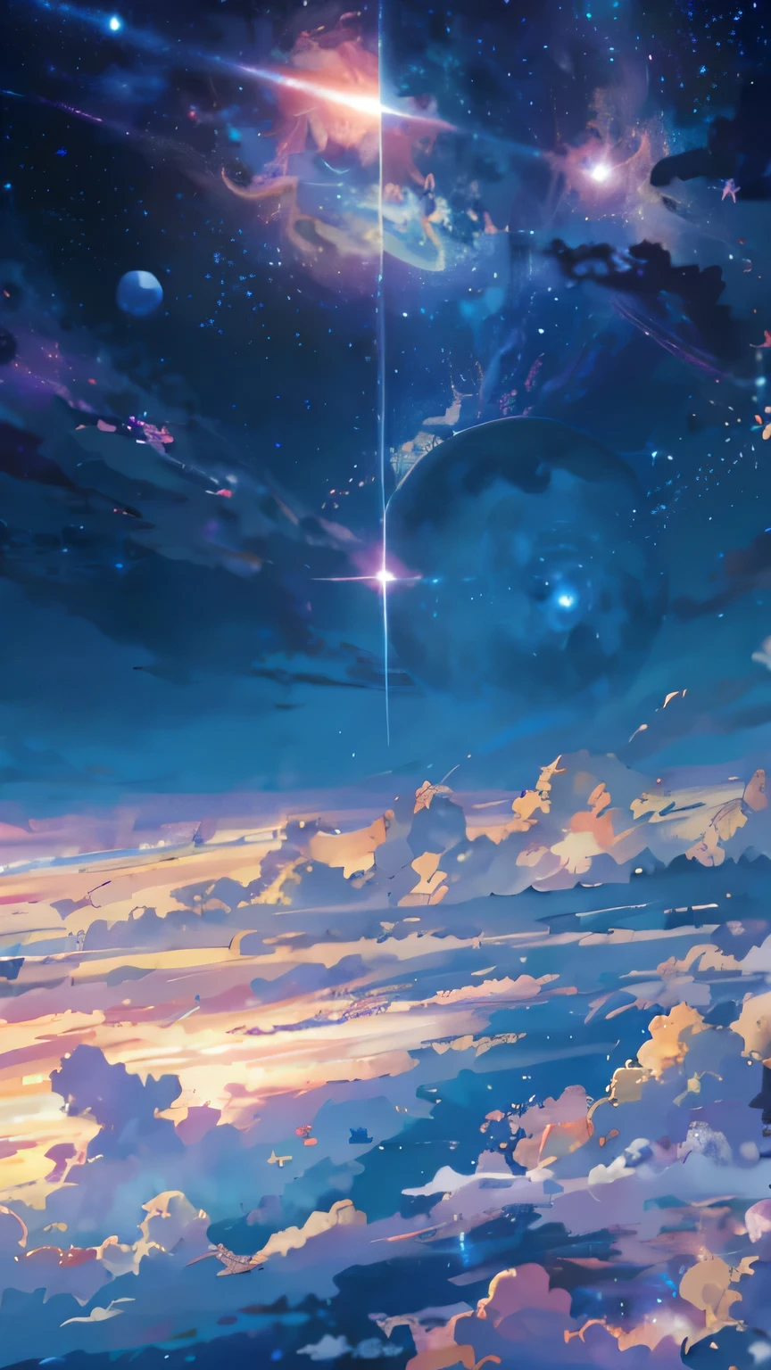 anime - style scene of a beautiful sky with a star and a planet, cosmic skies. by makoto shinkai, anime art wallpaper 4k, anime art wallpaper 4 k, anime art wallpaper 8 k, anime wallpaper 4k, anime wallpaper 4 k, 4k anime wallpaper, anime sky, amazing wallpaper, anime background, heaven planet in background, anime background art