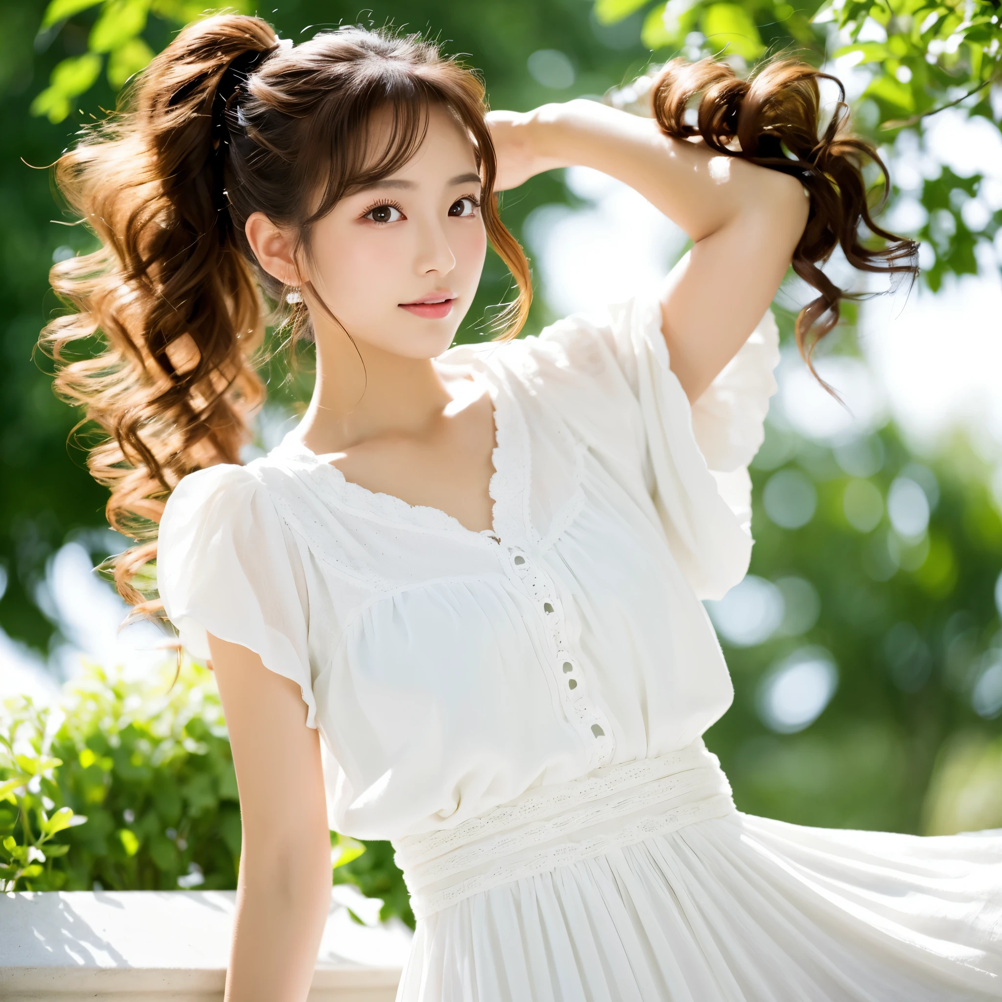 Japanese curly hair high resolution beautiful girl white clothes ponytail