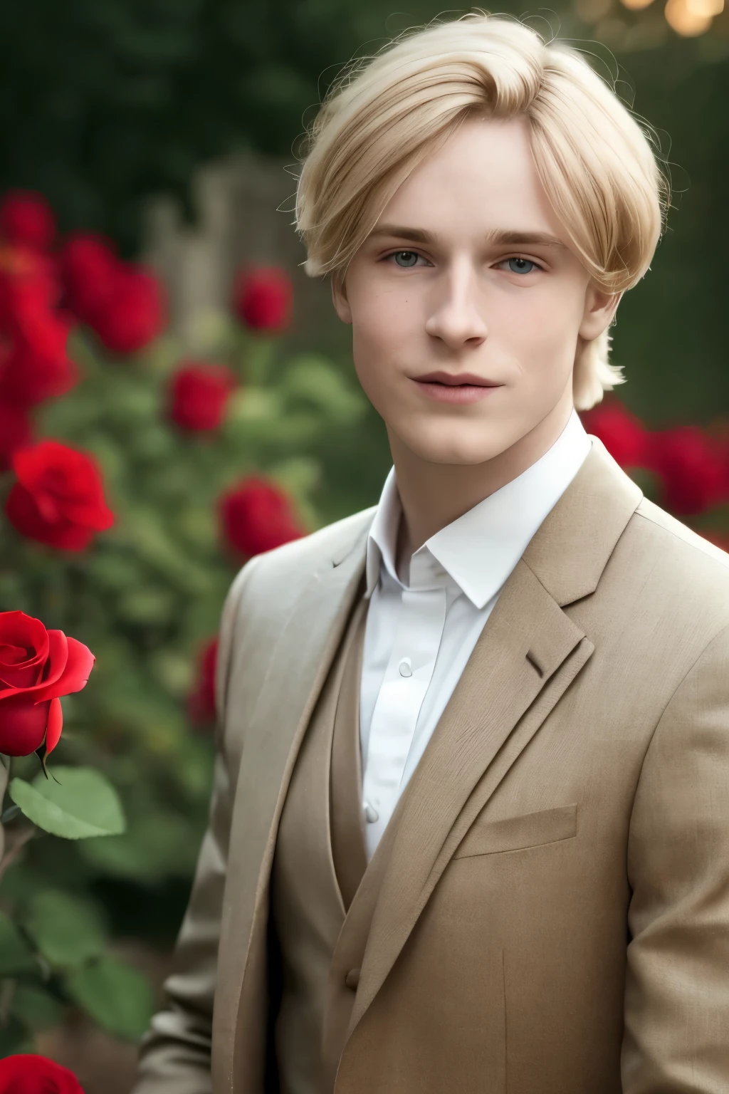 a young man, golden blonde hair, Valentines suit with rose, whole body, in castle, masterpiece, realistic, 8k, detailed, in a garden, highly detailed face, f2.8,denoise, dof, blur background,hogwarts Legacy, ravenclaw, ************, male, smiling, portrait, half body, realistic photo, victorian 