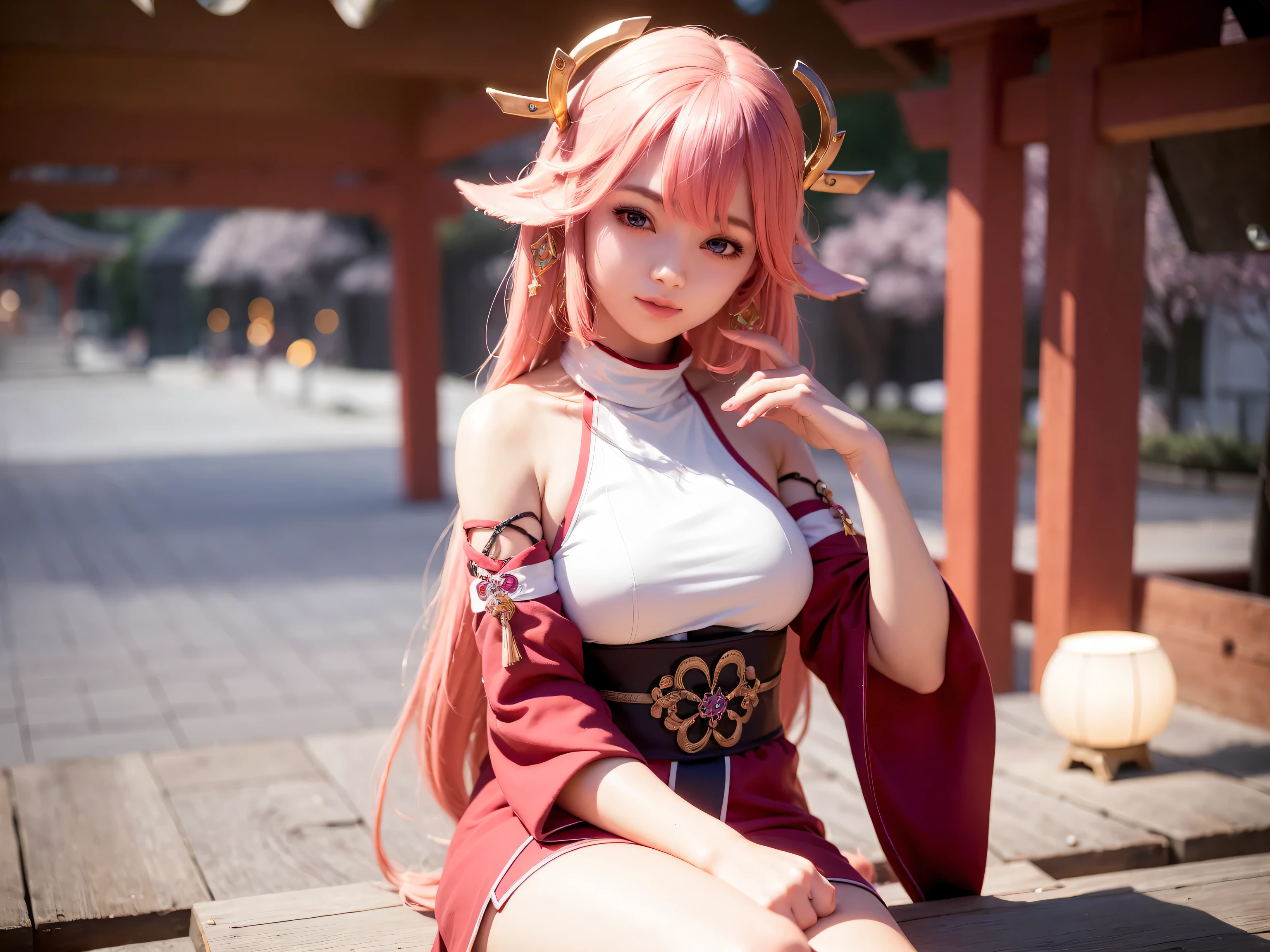 1girl, (ulzzang-6500:0.7), kpop idol, yae miko, detached sleeves, bare shoulders, pink hair, long hair, japanese clothes, best quality, (painting:1.5), (hair ornament:1.35), jewelry, purple eyes, earrings, breasts, torii,  cherry blossoms,  lantern light, depth of field, detailed face, face focus, ribbon_trim, (looking at viewer:1.25), nontraditional miko, shiny skin, long sleeves, smile, thick lips, game cg, hands on lips, east asian architecture, (blurry background:1.2), sitting, upper body, 8k, raw photo, soft lighting