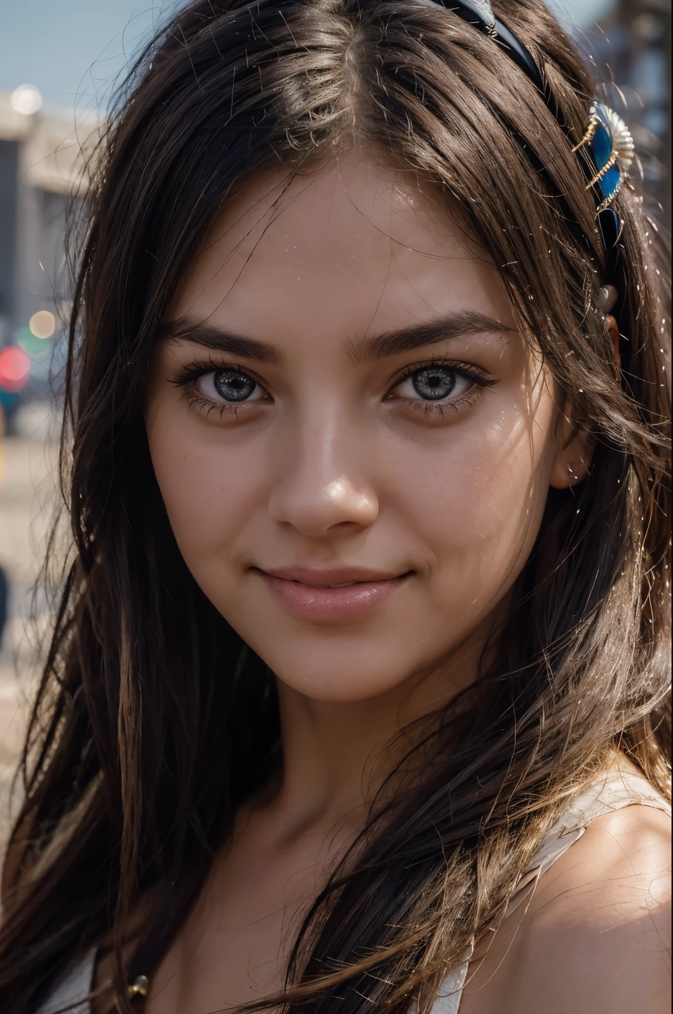 black hair, longeyelashes, solid circle eyes, light smile, blonde hair, streaked hair, sparkling eyes, wide-eyed, solid circle eyes, black hairband, x hair ornament, smile, shy, embarrassed, parted lips, atmospheric perspective, photorealistic, 8k, super detail, ccurate, best quality, high details, high details, UHD, ccurate, textured skin, super detail, award winning, highres, 4K