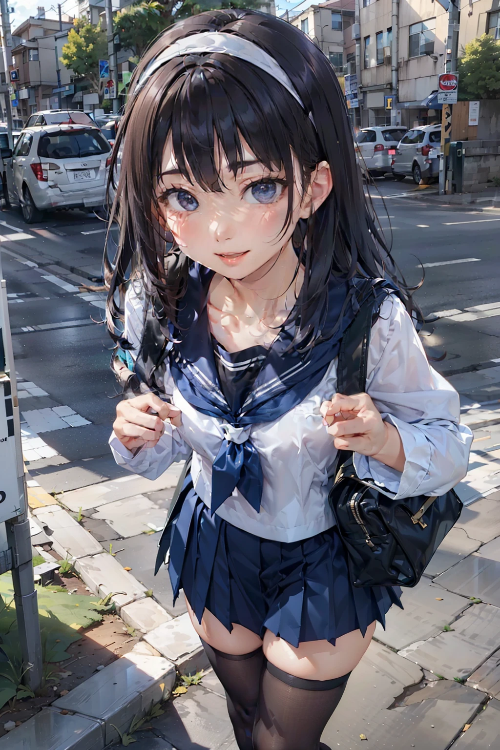 sailor suit, one woman, (a beauty woman, delicate :1.3), black hair, medium long straight hair, Bangs Patsun, 8K, highest quality, masterpiece, Super detailed, ultra high resolution, realistic, RAW photo, absolute resolution, small face compared to body (4:1), very small face (4:1), The face is balanced, black hair, sailor suit, Dark blue skirt, realistic女子高生, ((white headband)), small breasts, tall, slanted eyes, light blue eyes, (In front of the school gate), (black stockings), open your mouth, smile, position looking down from above, stand, hold a bag with both hands, 