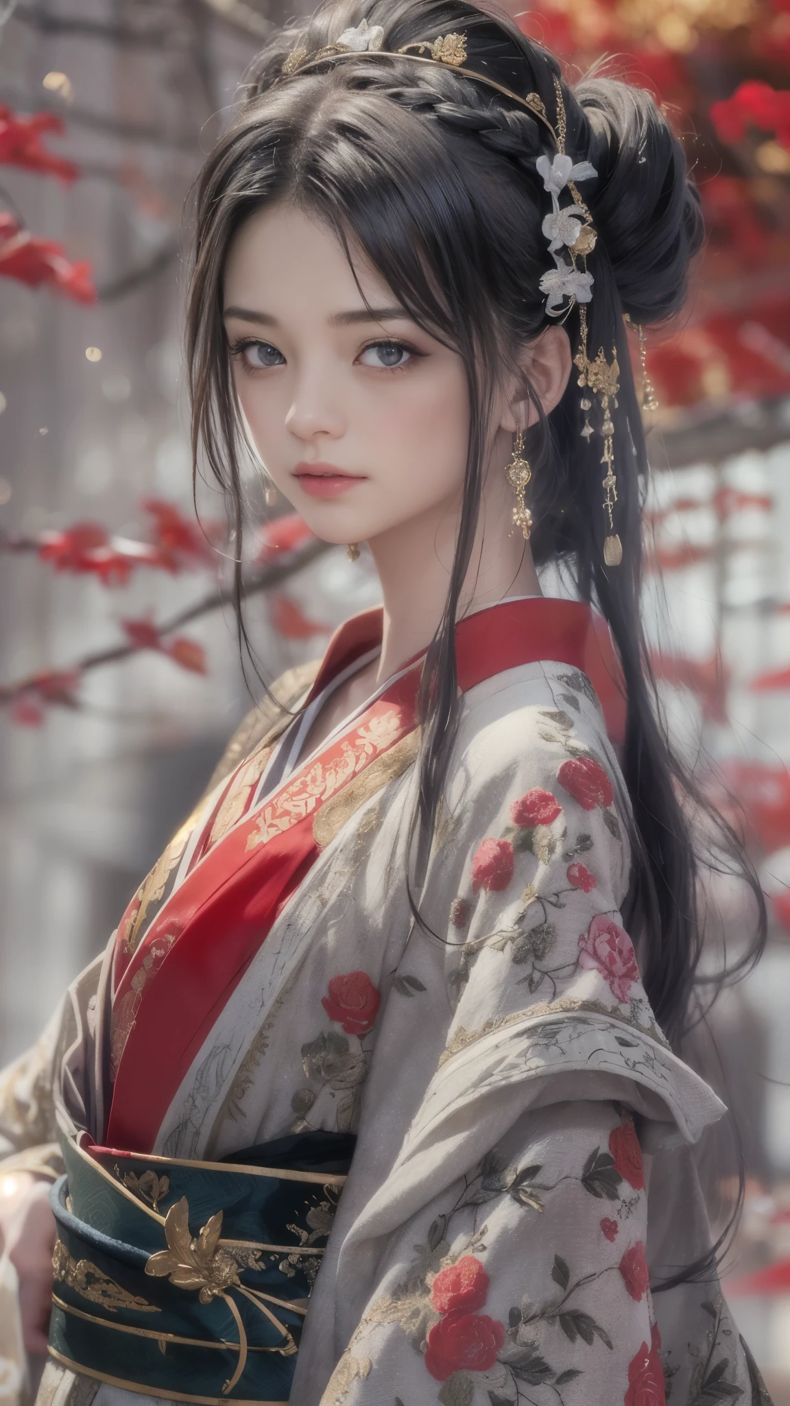 Super high quality, masterpiece, perfect illustration, extreme detail (exquisite light and shadow, highly dramatic picture,) Stroke, 1 girl, solo, (wearing red, black and white Hanfu,) flower field, flowers, (white smoke:1.3) (Realistic:1.4), Zen entanglement, tangled, official art, Unity 8k wallpaper, super detailed, beautiful and beautiful, masterpiece, best quality, (dynamic angle: 1.4), glowing skin, (floating colorful flashes: 1) the most beautiful chaotic forms, elegant, brutalist design, Bright colors, romantic depth of field exotic_dance, half_naked, Background with((ancient city:1.2)And the moon、(dense background:1.5))、BREAK {{{Luxury kimono(Colorful kimono(Detailed golden embroidery,))}}}、face perfect,Depict a beautiful and graceful woman of Japan,poneyTail、Woman with shiny black hair、perfect hand,Heart in the eye。odd eye,full body Esbian,Blur the background with a sickle,((masutepiece)), ((Best Quality))Wallpapers 16K, .Blur the background with a sickle,BREAK,((masutepiece)), ((Best Quality)),epicd(Lige Fries Photography、sony a7、50 millimeters、pores:1.5、Farbe、ultra-detailliert:1.5、film grains:1.4、hyper realisitic:1.5)、octan render、 ultra realistic lifelike textures、​masterpiece、unrealengine5、the Extremely Detailed CG Unity 8K Wallpapers、Madly detailed photo、Ultra-realistic light、(Pulitzer Prize for Best Photography、Taylor Wessing Award for Best Photography) Potrait girl with bokeh background, long dresss, women with long dress focus on girl, natural skin oil masterpiece, ((face realistic: 1.4)), zeus 23mm f2 realistic, beautiful oil face skin, little oil face reflection, realistic skin, realistic hair, realistic fantasy hair masterpiece, realistic face masterpiece, realistic all object, blur depht of field, fireflies