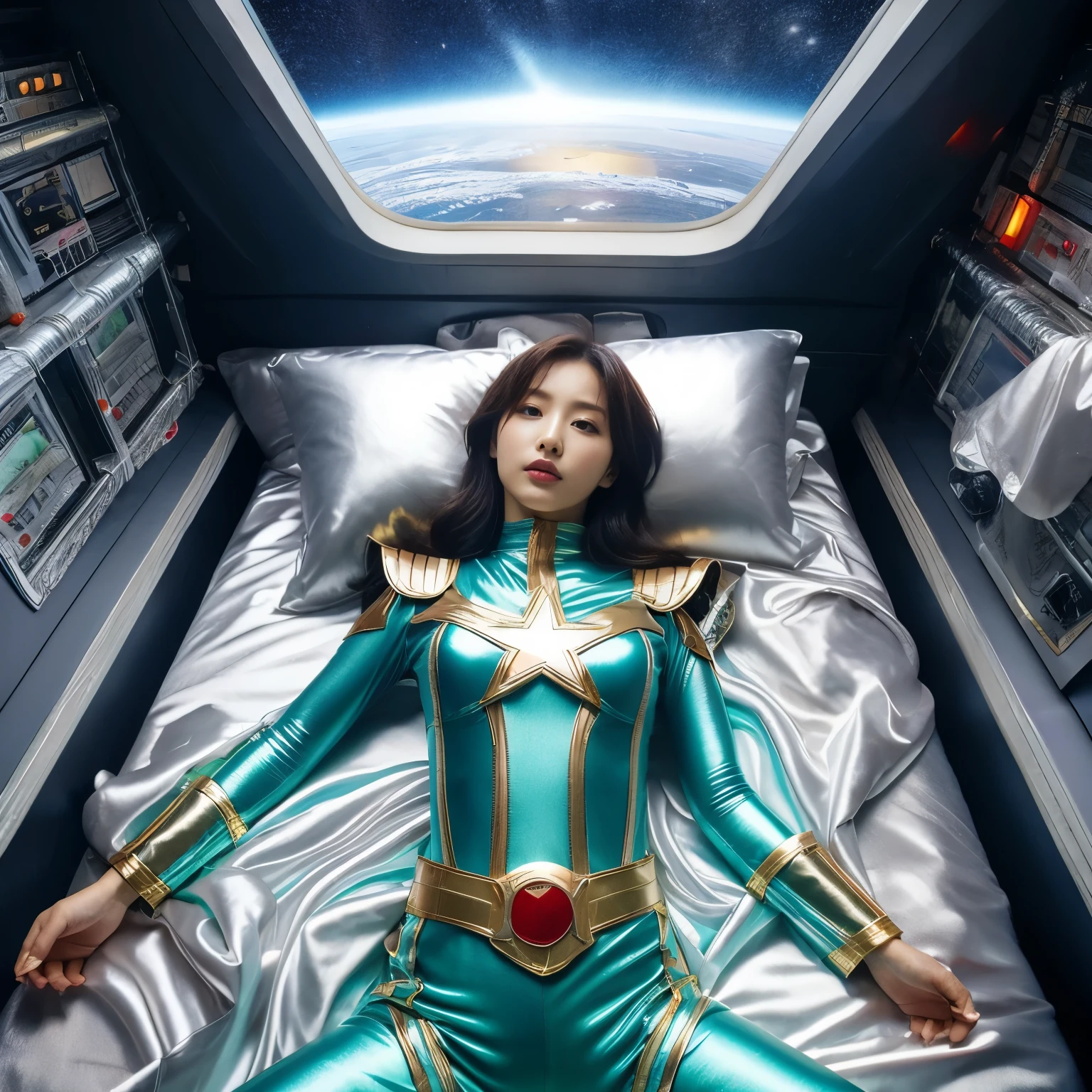 best image quality、Super high resolution、(realism:1.4)、Korean beauty star、The most beautiful KPOP star、face、Horny Korean makeup、erotic expression、A body that makes you want to touch it、Erotic photos、Realistic satin fabric texture、Costume made of stretch satin fabric that is smooth to the touch、The drape of the curved part of the satin fabric、Strong luster of costume、costume quality、8K photo quality、Costume made of high-quality satin fabric with high density、Super-class battle leather cloak with a smooth texture、Super Sentai Women's Heroine Suit、Super-class battleship shiny costumes、Texture of costumes that satin fetishists respond to、Thin, glossy stretch satin fabric、