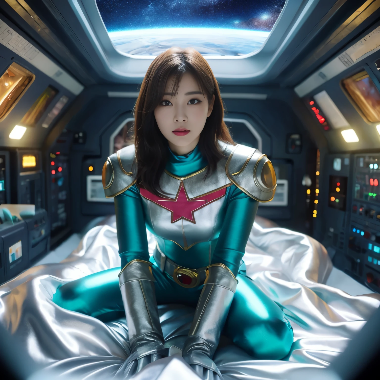 best image quality、Super high resolution、(realism:1.4)、Korean beauty star、The most beautiful KPOP star、face、Horny Korean makeup、erotic expression、A body that makes you want to touch it、Erotic photos、Realistic satin fabric texture、Costume made of stretch satin fabric that is smooth to the touch、The drape of the curved part of the satin fabric、Strong luster of costume、costume quality、8K photo quality、Costume made of high-quality satin fabric with high density、Super-class battle leather cloak with a smooth texture、Super Sentai Women's Heroine Suit、Super-class battleship shiny costumes、Texture of costumes that satin fetishists respond to、Thin, glossy stretch satin fabric、