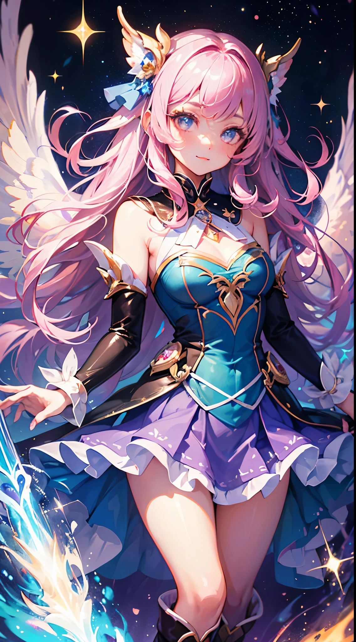 (Magical Girl)), ((Gorgeous Starry Background)), ((Ultra Detailed)), ((Best Illustration)), ((Movie Lighting)), Dynamic Angle, Floating, Fine, (Flash: 1.2), (Shine: 1.2), (Shine: 1.2), Classic, (Drawing: 1.1), (Sketch: 1.1), (Best Quality), (Illustration: 1.2), (Anime Style), (Solo), Beautiful Detailed Face, (Cute Face: 1.3), (Big Eyes)), Colored hair, (long hair: 1.2), (flowing hair: 1.2), (magical girl costume), detail, (sparkling wand: 1.3), (magic effect: 1.3), (flowing dress: 1.2), (cute boots: 1.1), (transparent fabric: 1.1), (flickering: 1.2), (glow: 1.2), (sparkle: 1.2), (sparkle: 1.2), (sparkle: 1.2), (shimmer: 1.2), wings, multi color hair, cute magical beast,