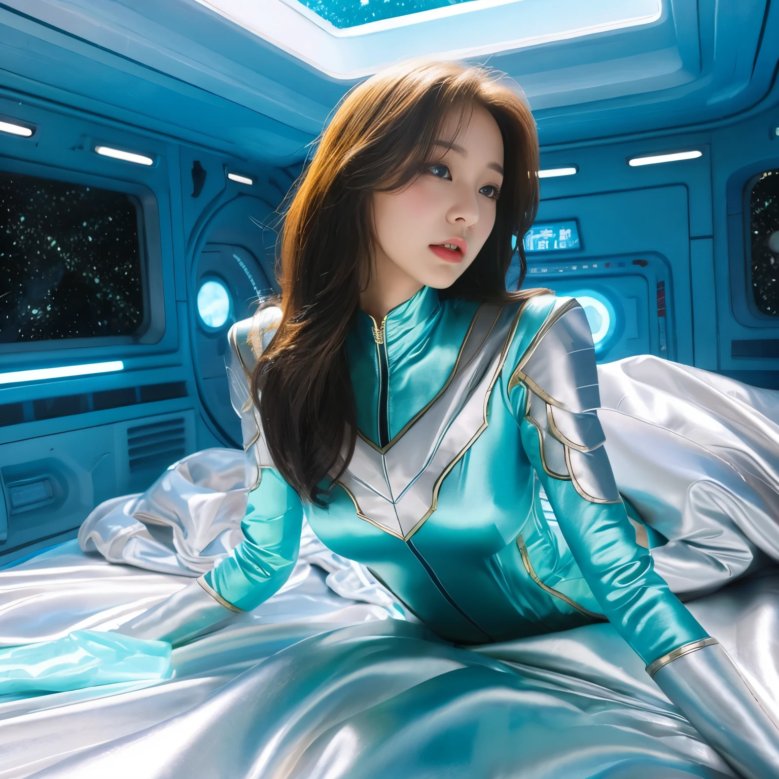 best image quality、Super high resolution、(realism:1.4)、Korean beauty star、The most beautiful KPOP star、face、Horny Korean makeup、erotic expression、A body that makes you want to touch it、Erotic photos、Realistic satin fabric texture、Costume made of stretch satin fabric that is smooth to the touch、The drape of the curved part of the satin fabric、Strong luster of costume、costume quality、8K photo quality、Costume made of high-quality satin fabric with high density、Super-class battle leather cloak with a smooth texture、Super Sentai Women's Heroine Suit、Super-class battleship shiny costumes、Texture of costumes that satin fetishists respond to、Thin, glossy stretch satin fabric、